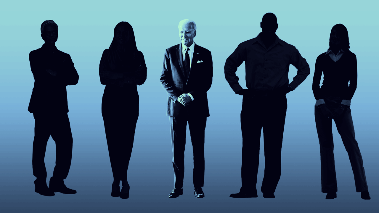 Animated illustration of Biden surrounded by silhouetted individuals who suddenly advance towards the viewer, while Biden gets smaller as he recedes into the background.