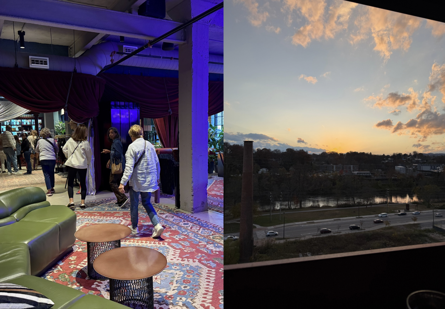 Left side shows people walking inside a room with blue lighting, red curtains, and a patterned rug near green seating. Right side shows a sunset over a river and road with cars.