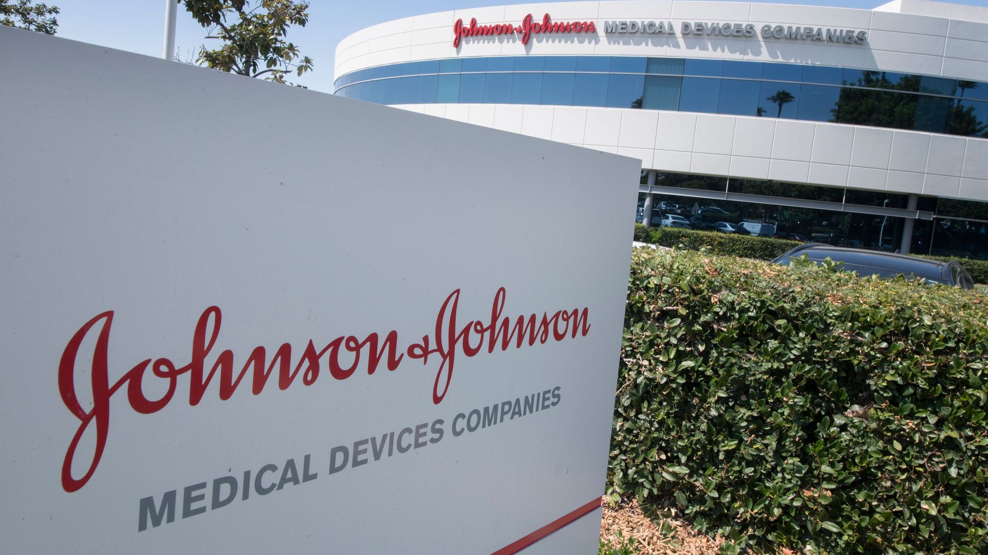 A sign with Johnson & Johnson's logo in Irvine, California.