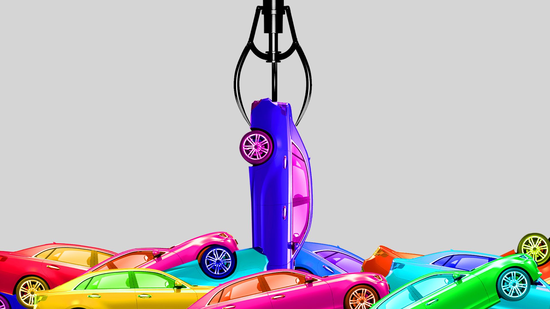 Illustration of robotic arm pulling car out of a pile of cars.