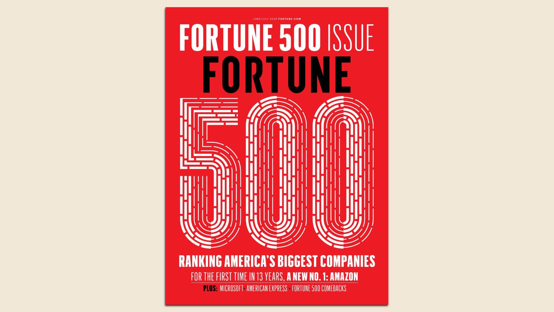 Red Fortune magazine cover on a beige background. A bold black "FORTUNE" sits above a large white maze-like 500 formed from segmented lines; white subtitle text at the bottom.