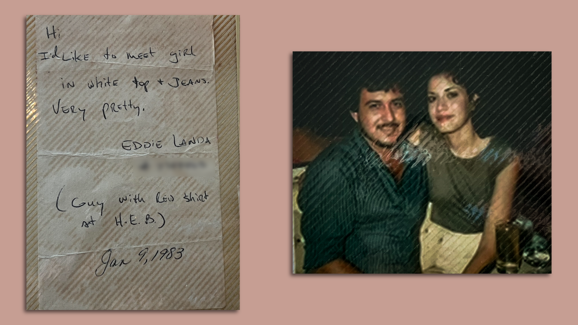 Side-by-side photos showing a handwritten note by Eddie Landa and the couple in their early years.