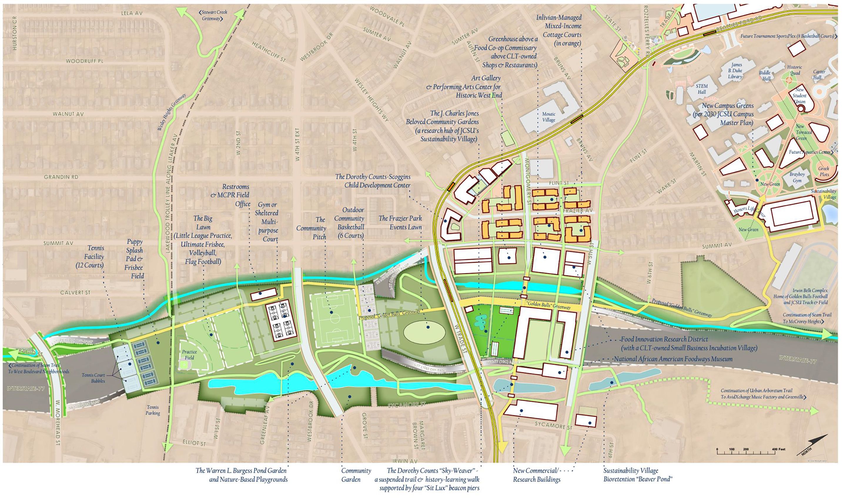Detailed campus map showing beige streets, color-coded buildings (orange and white), green parks, and a winding blue river. Includes labeled roads, trails, and surrounding neighborhoods.