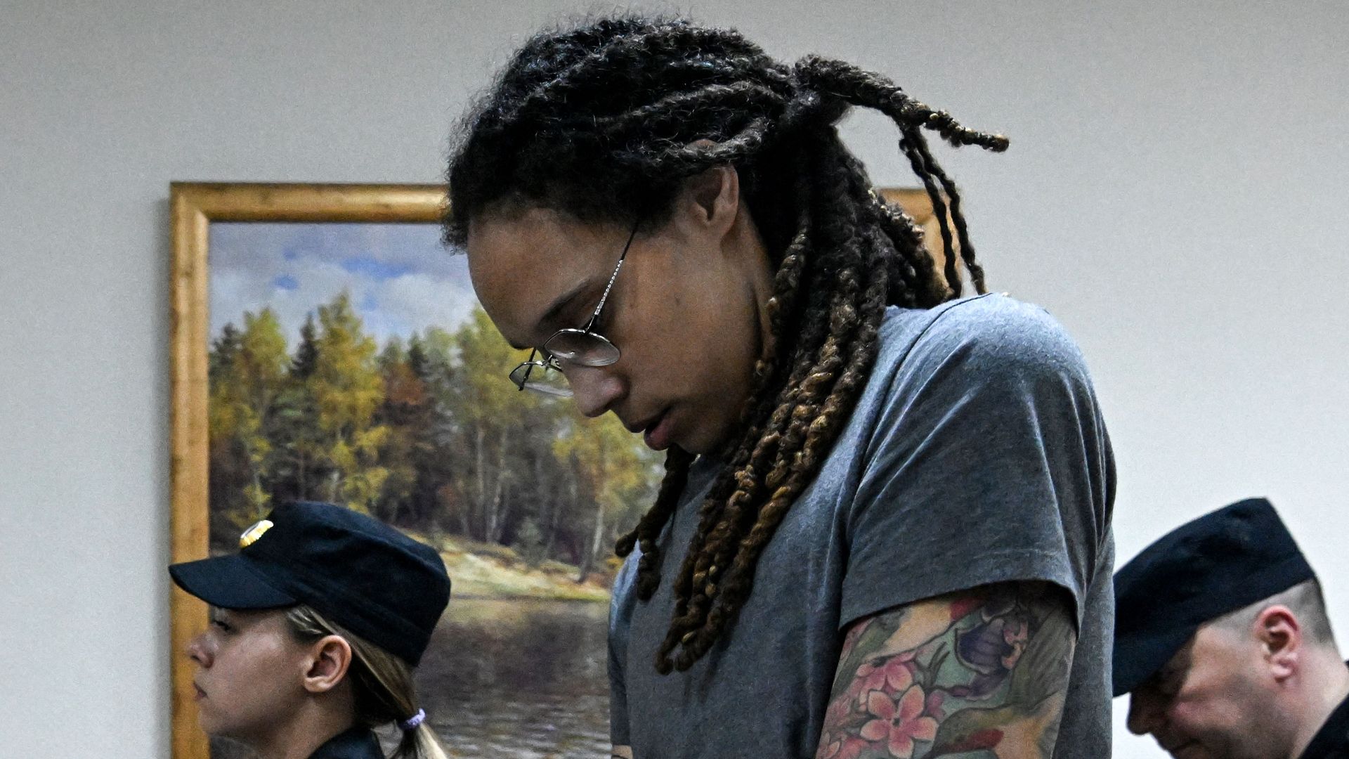 Women's National Basketball Association (WNBA) basketball player Brittney Griner leaves the courtroom after the court's verdict in Khimki outside Moscow, on August 4,