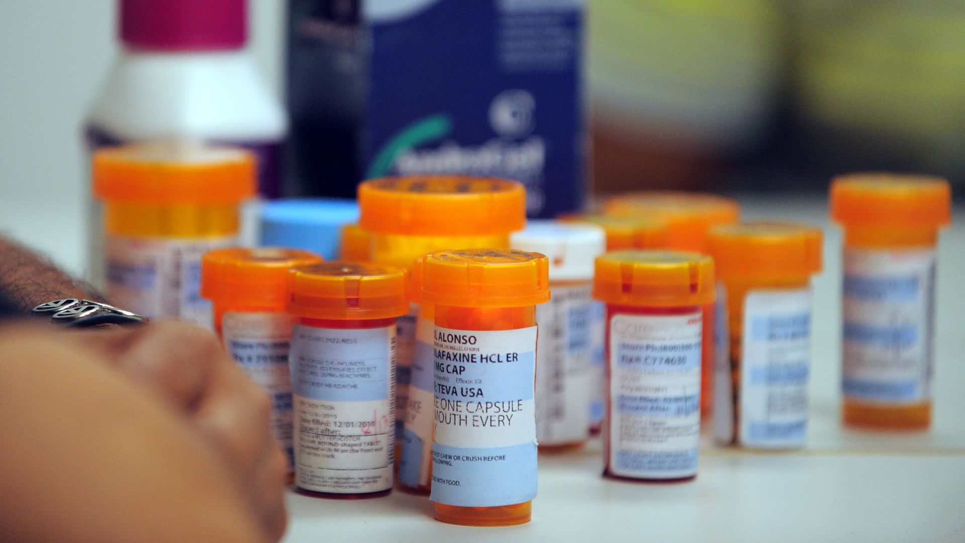 Medication bottles on a table.