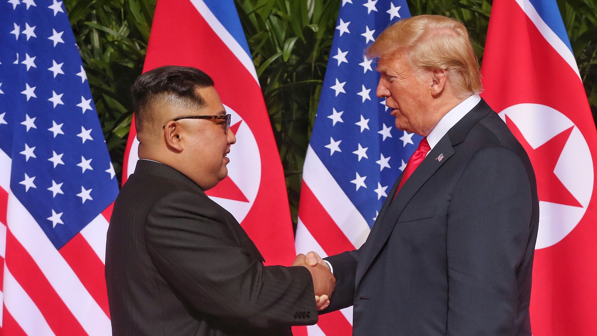 North Korean leader Kim Jong-un and President Trump during their historic  summit in Singapore last month. Photo: Handout/Getty Images