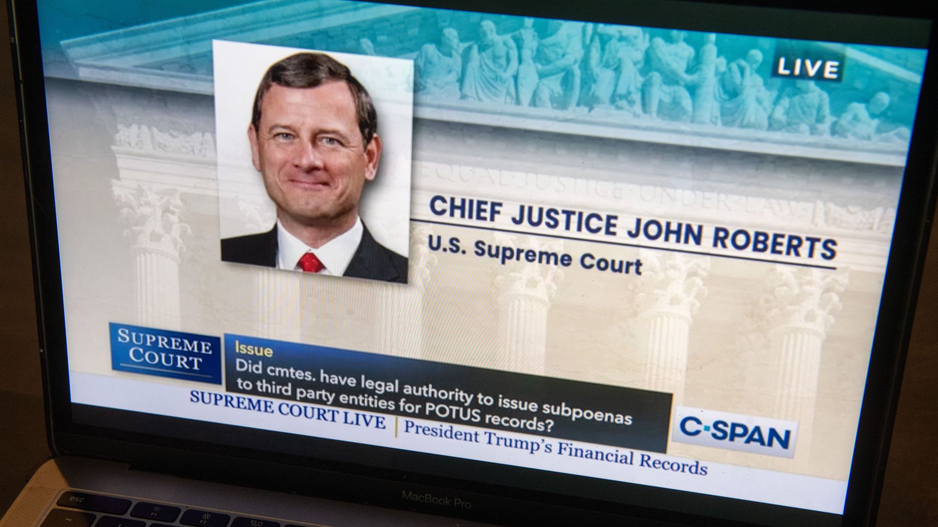 Chief Justice of the US, John Roberts speaks via an audio feed of Supreme Court oral arguments