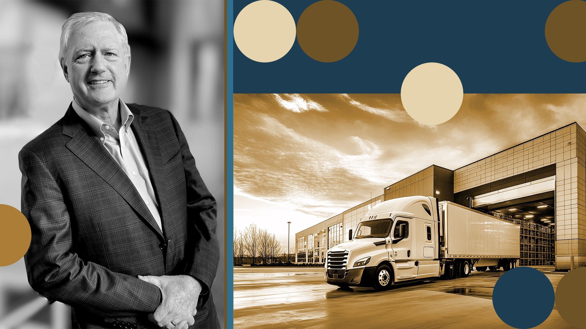 Photo illustration of Daimler Truck North America president and CEO John O'Leary, collaged with abstract shapes.