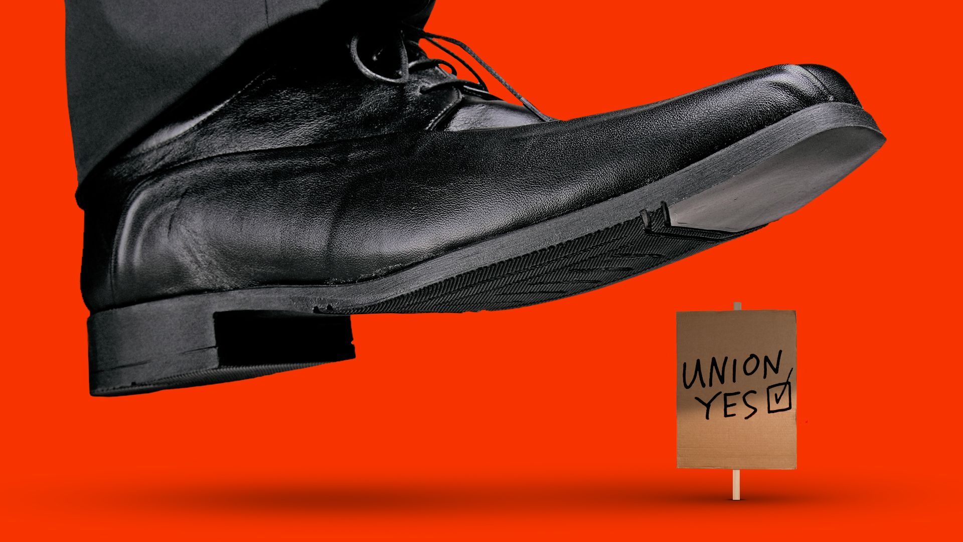 Illustration of a large business shoe hovering over a tiny sign that reads Union Yes