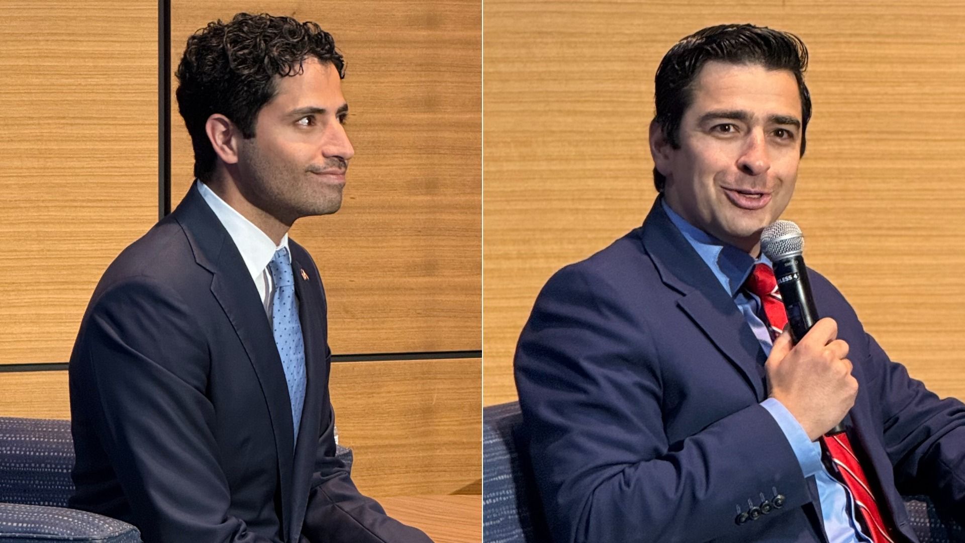 Two-panel photo of a man in a navy suit and light blue shirt. Left: profile view against wood paneling. Right: facing camera, holding a microphone in a red tie.