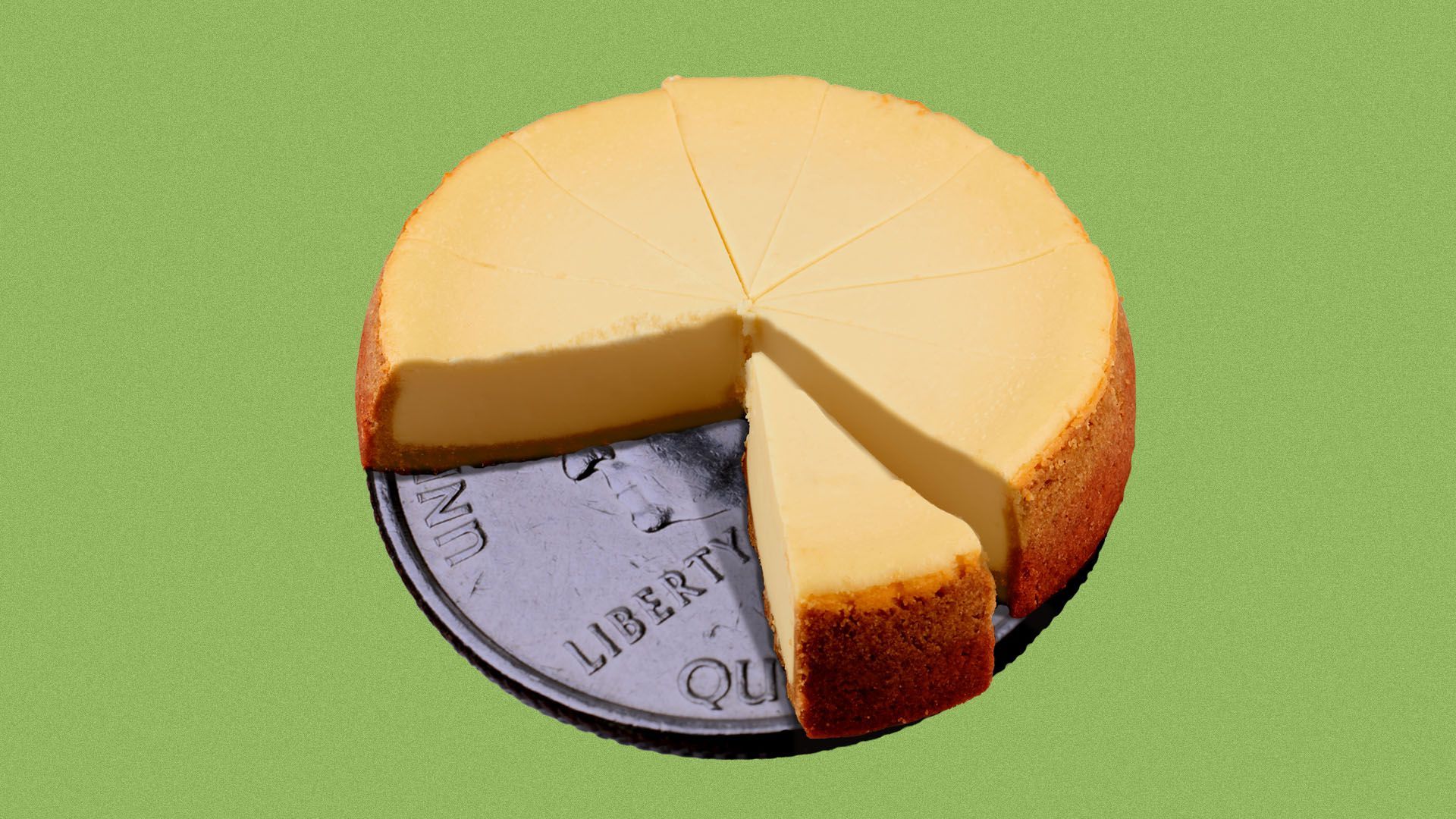 Illustration of a sliced up cheesecake on a quarter