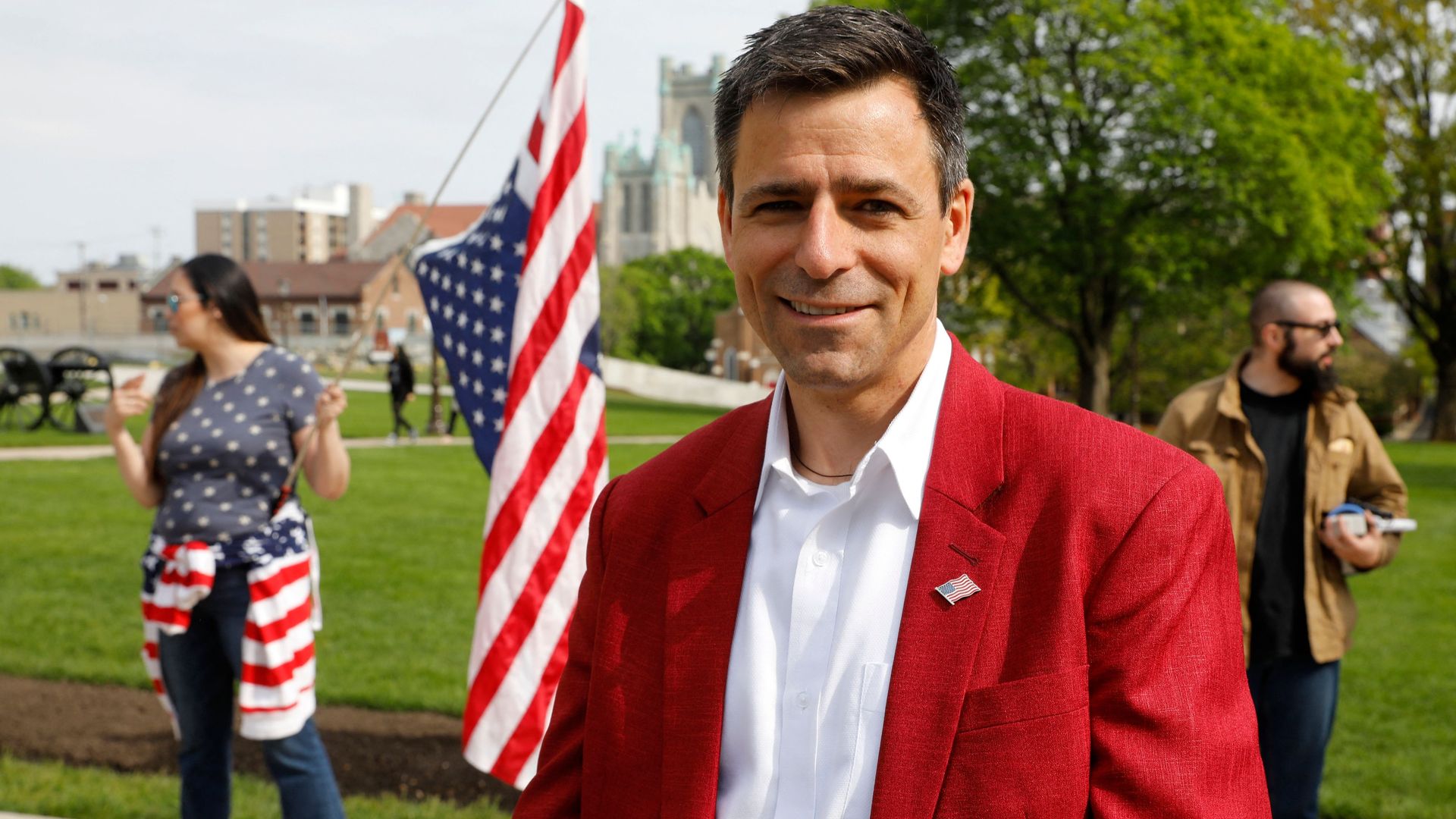 Ryan Kelly, a Republican candidate for Michigan governor, at a protest near the state capitol building in Lansing in May 2021.