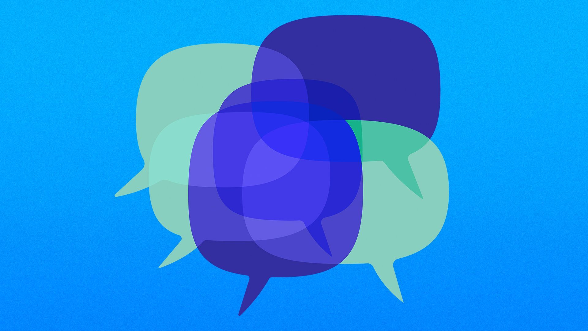 Illustration of several blue and green word balloons overlapping.