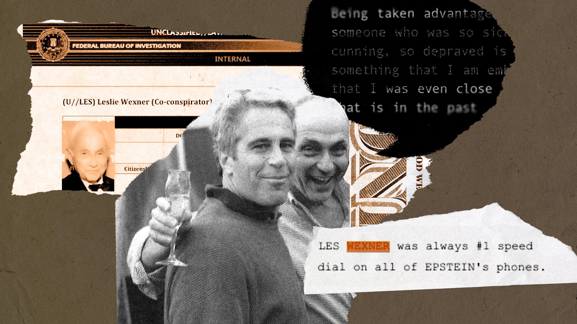 Photo illustration of Jeffrey Epstein and Les Wexner, an internal FBI document, quotes, and money elements.