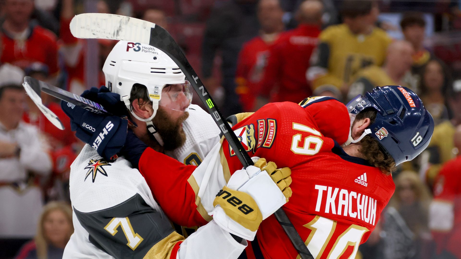 Matthew Tkachuk takes a hit in Game 4 of the Stanley Cup Final. It's just been that kind of series for the Panthers. Photo: Bruce Bennett/Getty Images