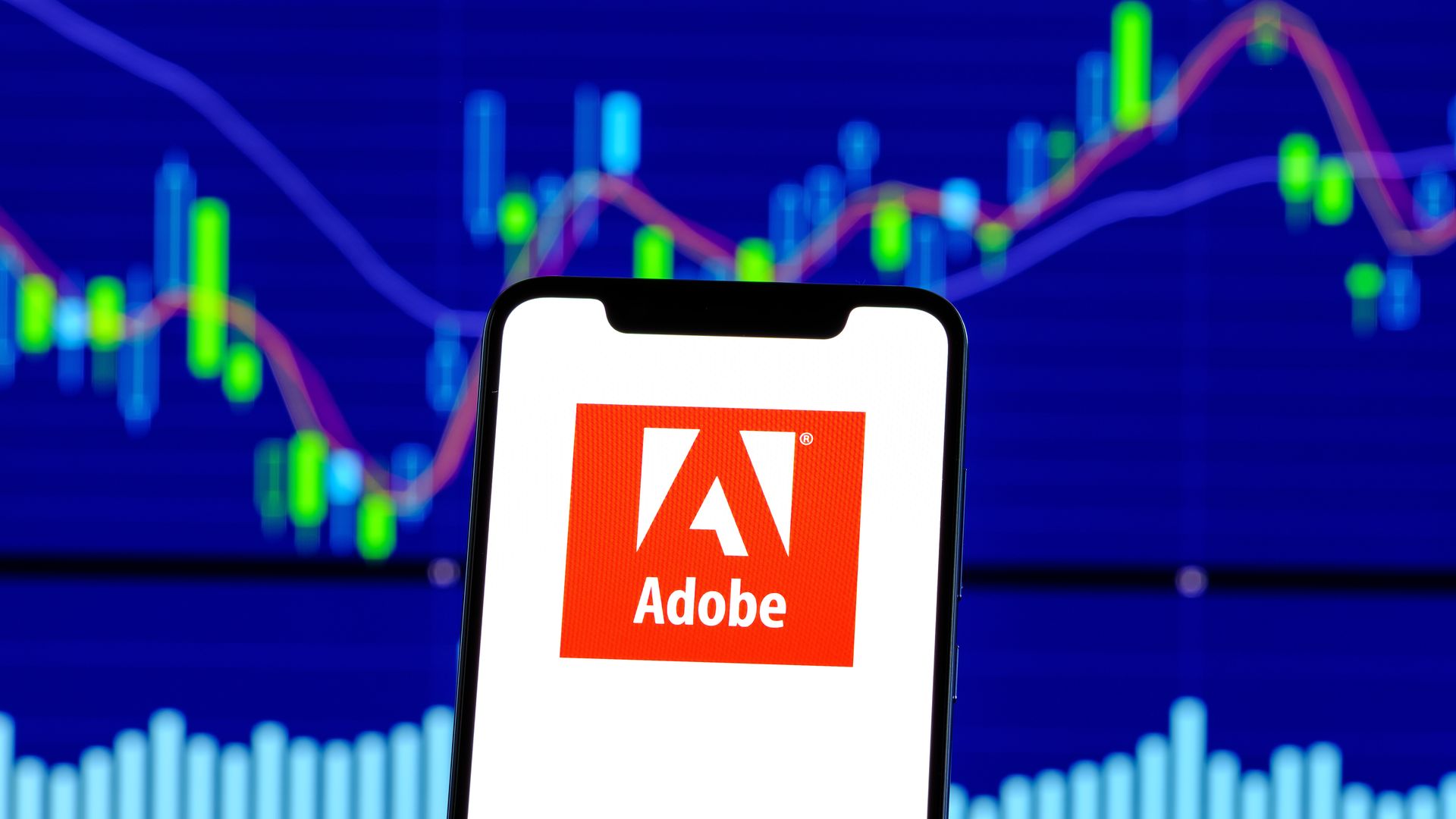 In this image, an Android phone with the Adobe logo is seen with charts in the background.