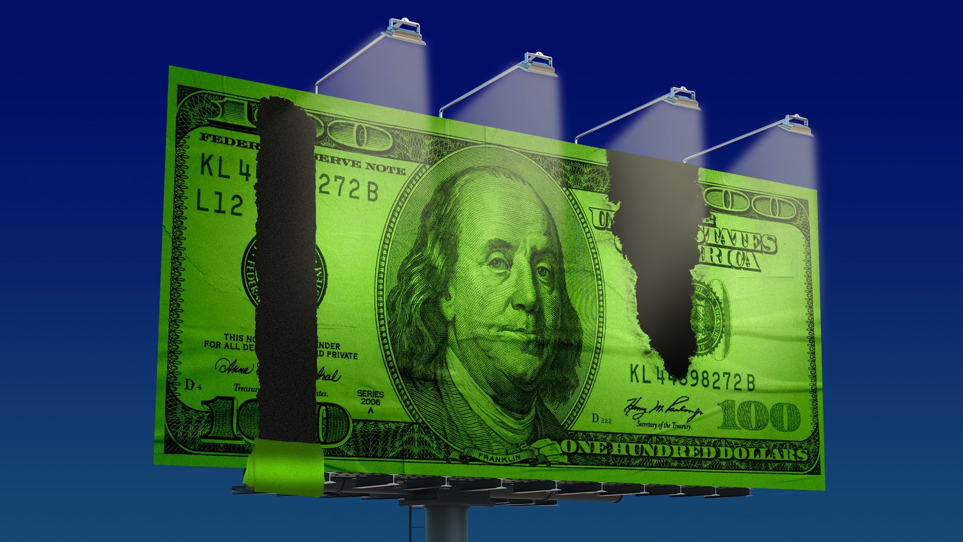 Illustration of a hundred dollar bill as a ripped billboard.