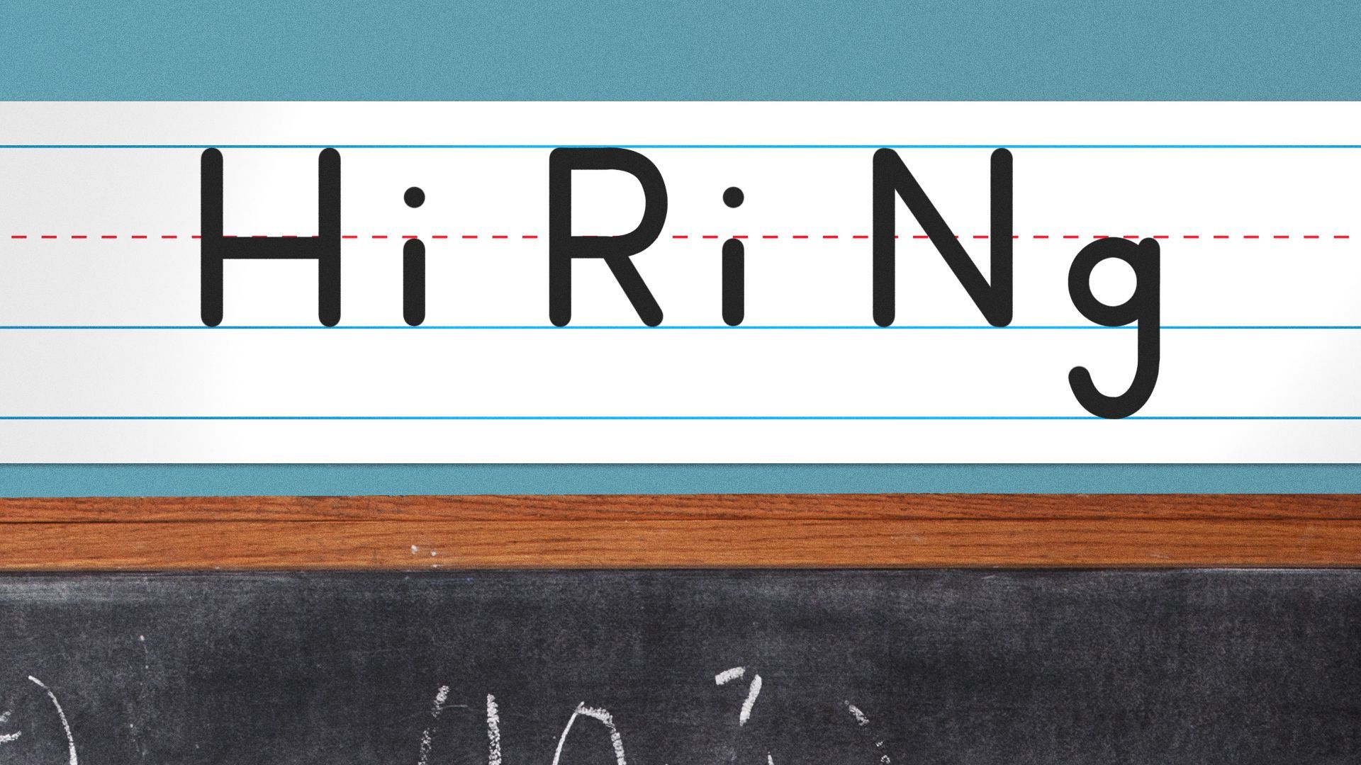 A handwriting alphabet above the chalkboard spells out "Hiring."