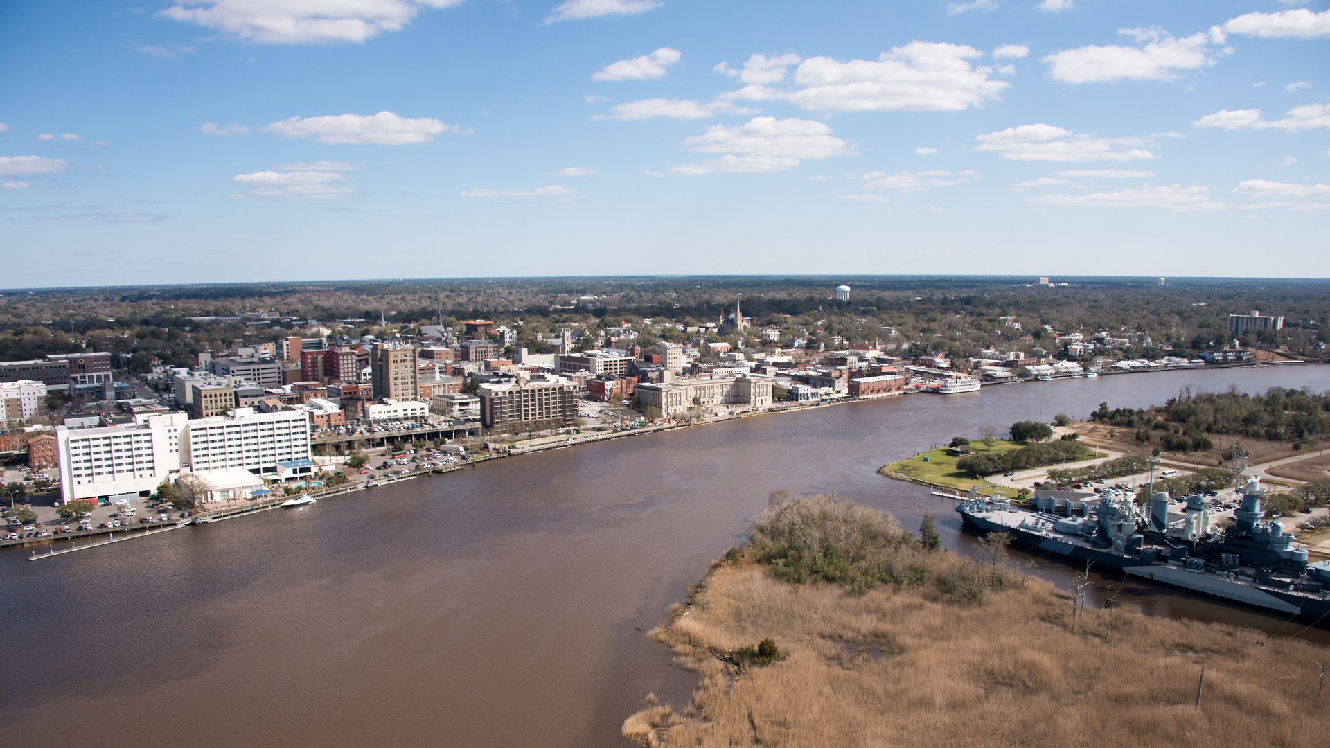 WILMINGTON, NC - FEBRUARY 26: An aerial view of the downtown area along the Cape Fear River on February 26, 2016 in Wilmington, North Carolina. (Photo by Lance King/Getty Images)