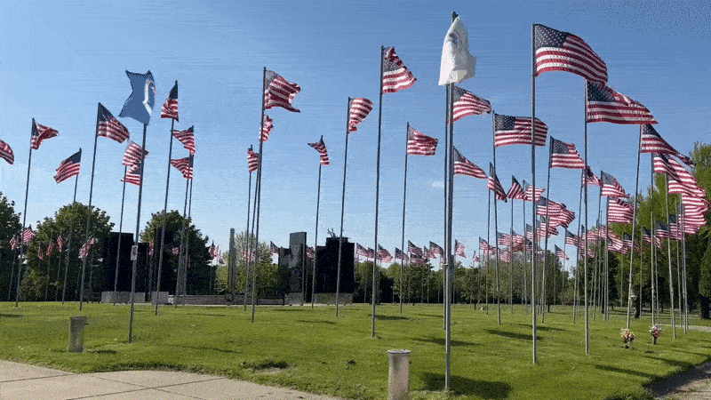 A gif showing dozens of American flags blowing in the wind at the Avenue of 444 Flags in Hermitage, Pa.