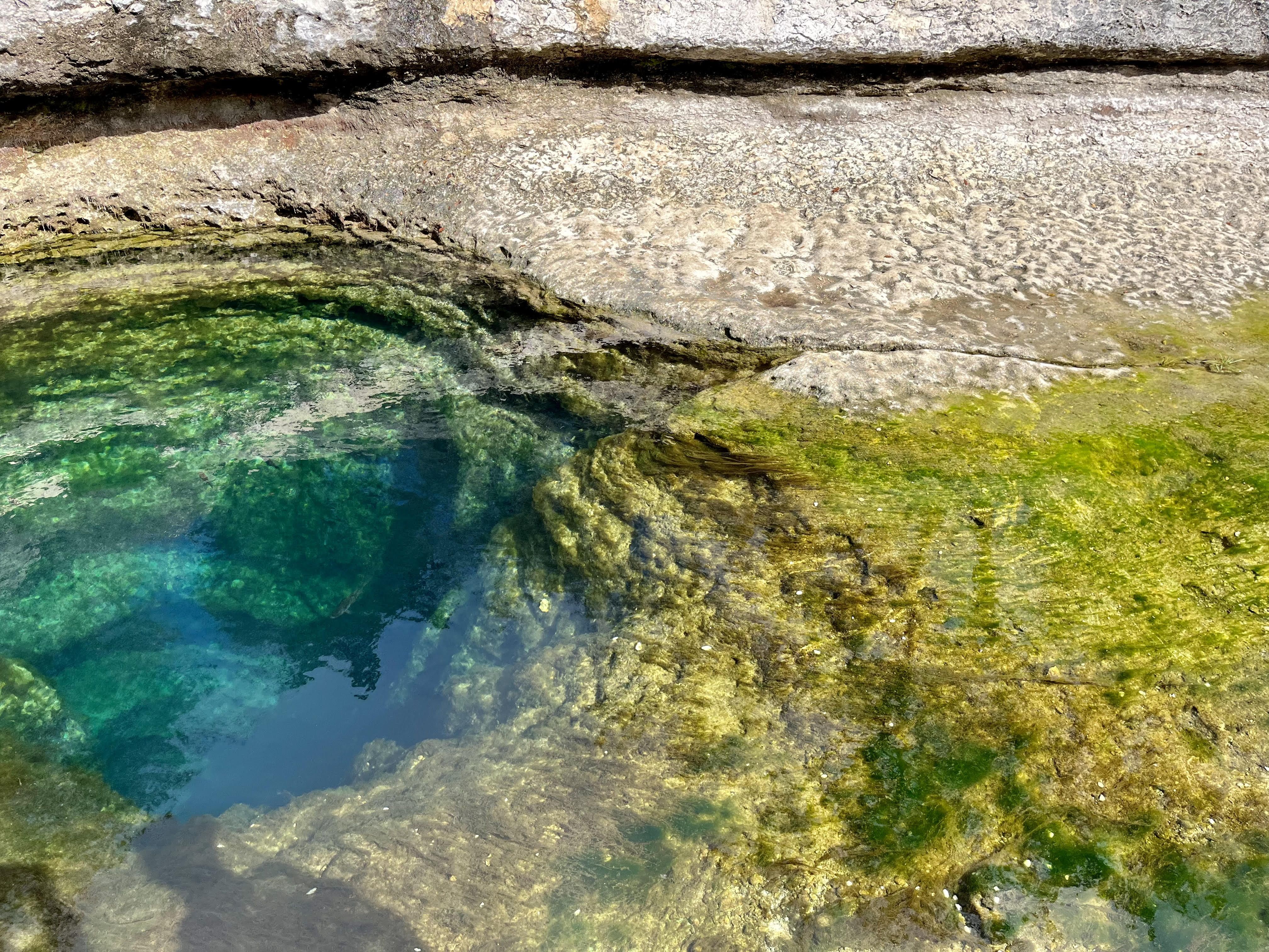 A natural well with green and blue coloring on the deep, underwater cave.