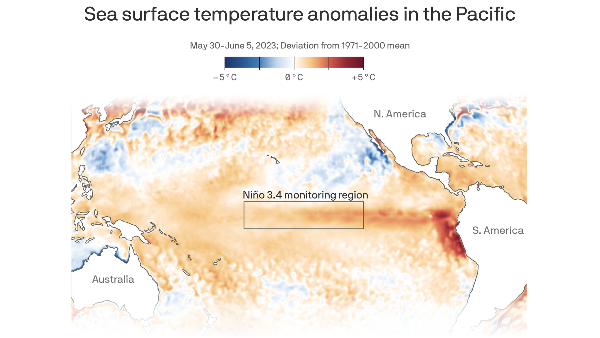 A map showing sea surface temperature anomalies in the equatorial Pacific Ocean.
