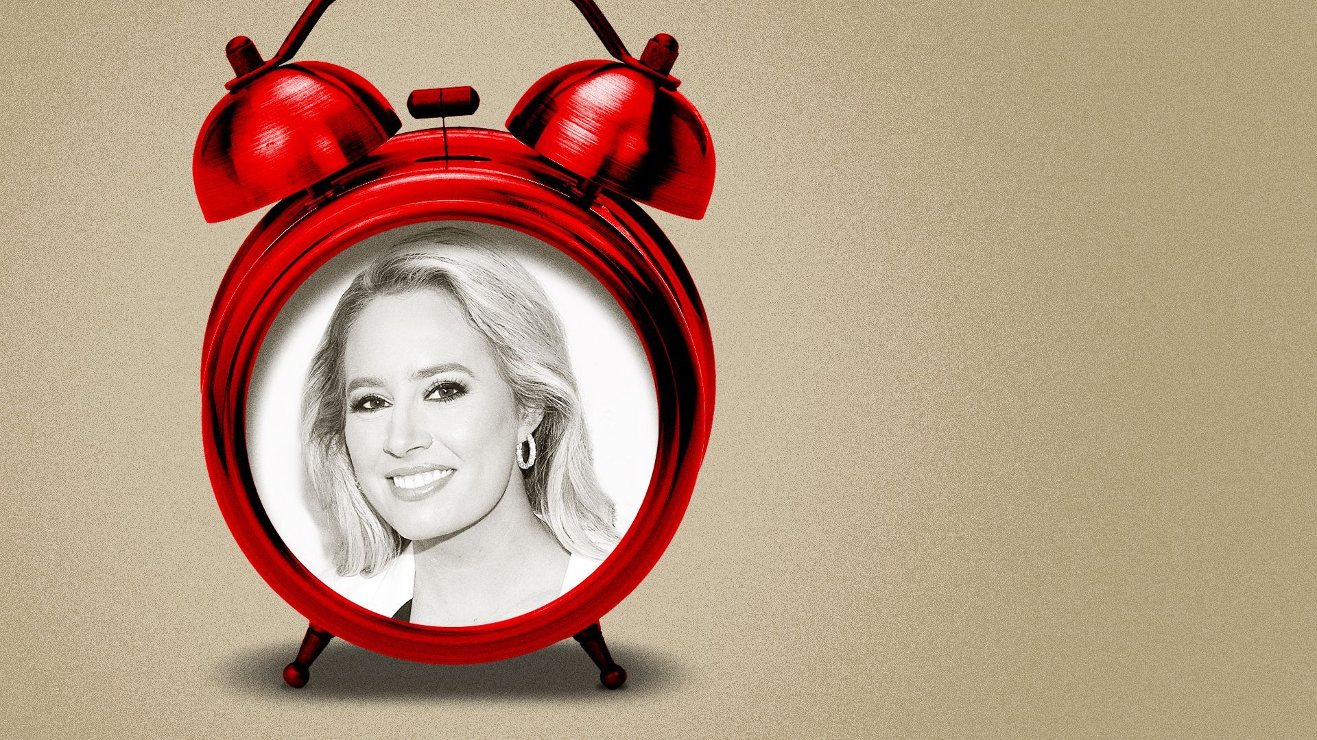 Photo illustration collage of Jacqui Heinrich inside a red alarm clock.