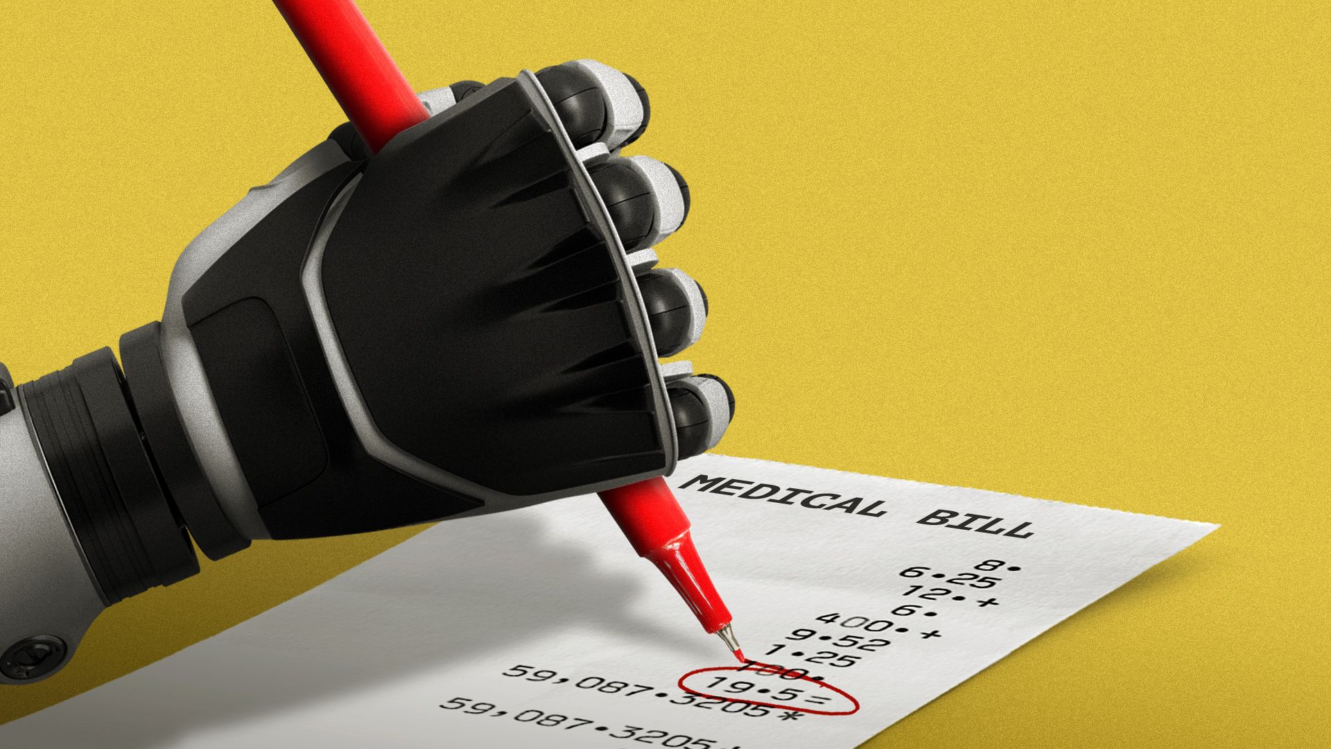 Illustration of a red pen held by a robot hand marking up a medical bill.
