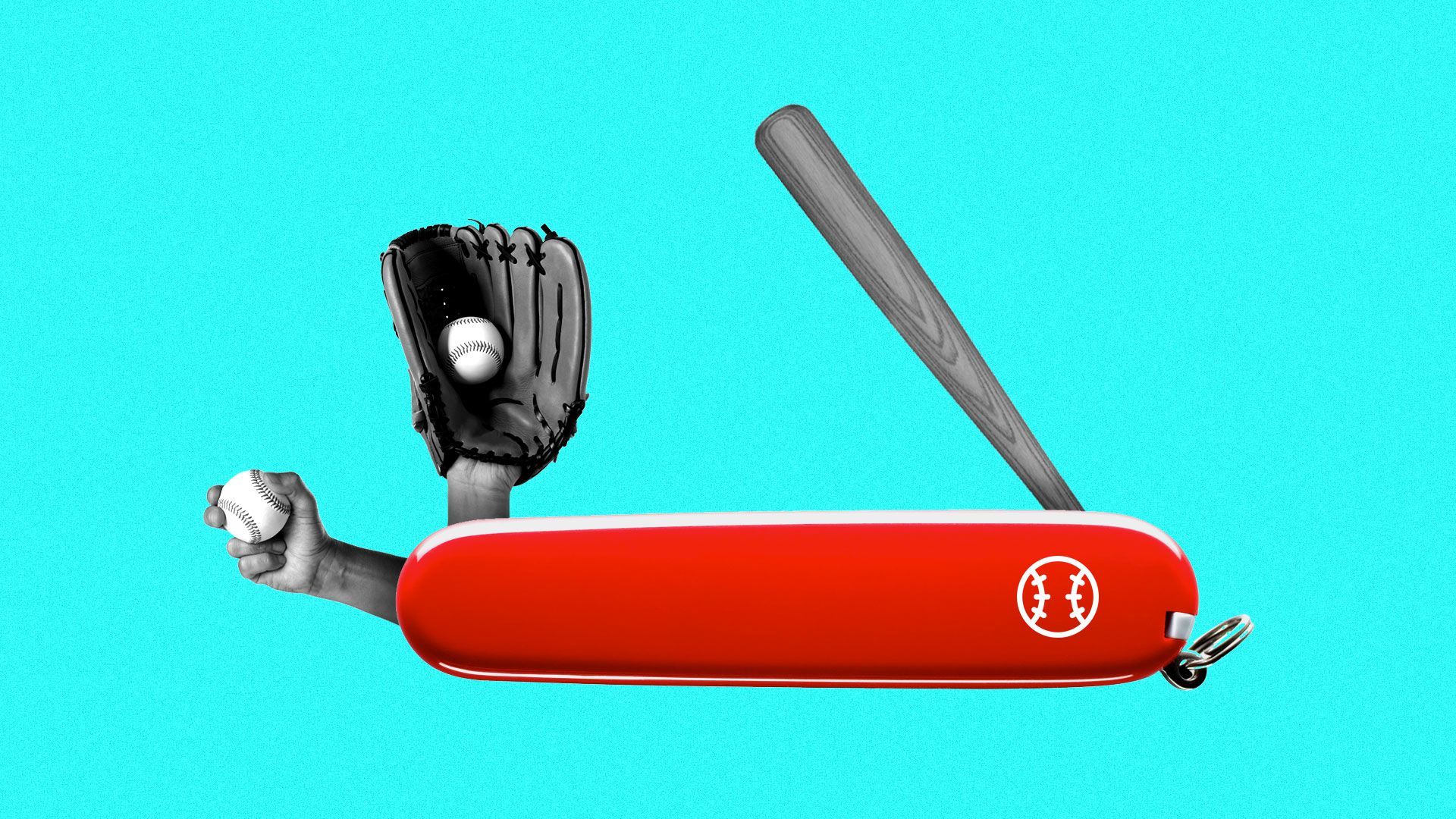 A Swiss army knife with a pitcher's mitt and hand on one end, and a baseball bat on the other end