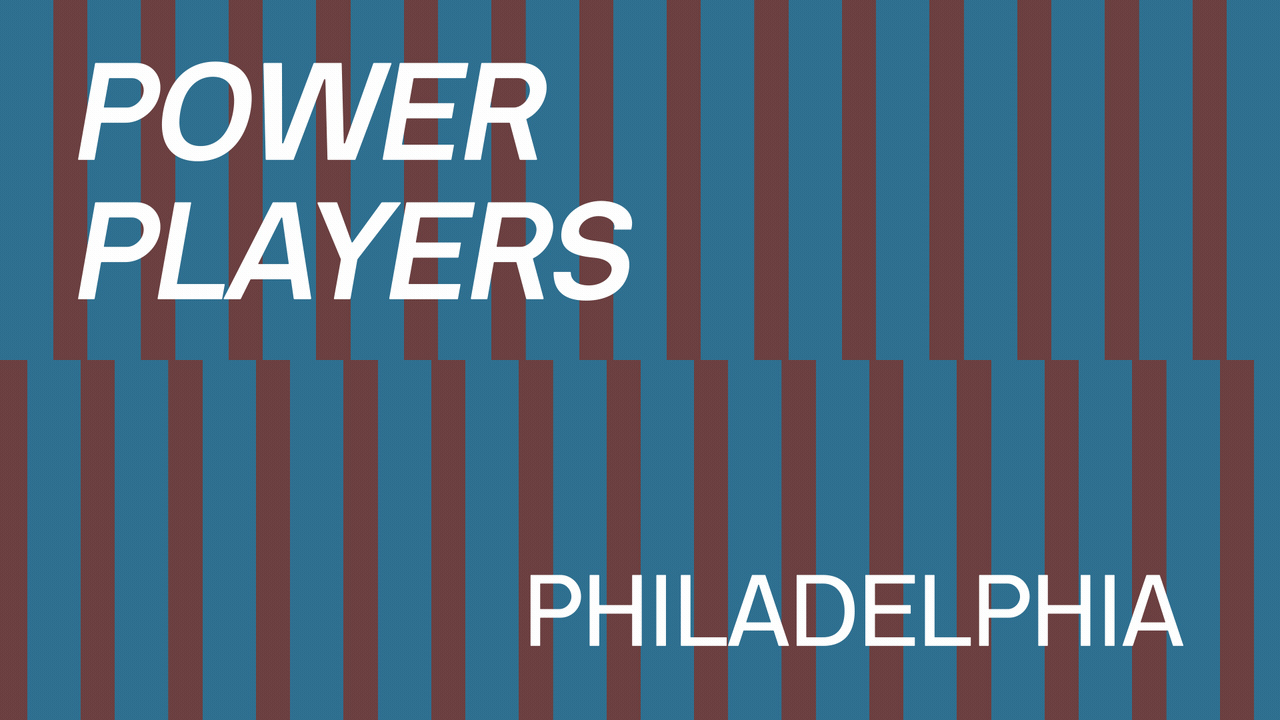 Illustration of two rows of dominos falling with text overlaid that reads Power Players Philadelphia.