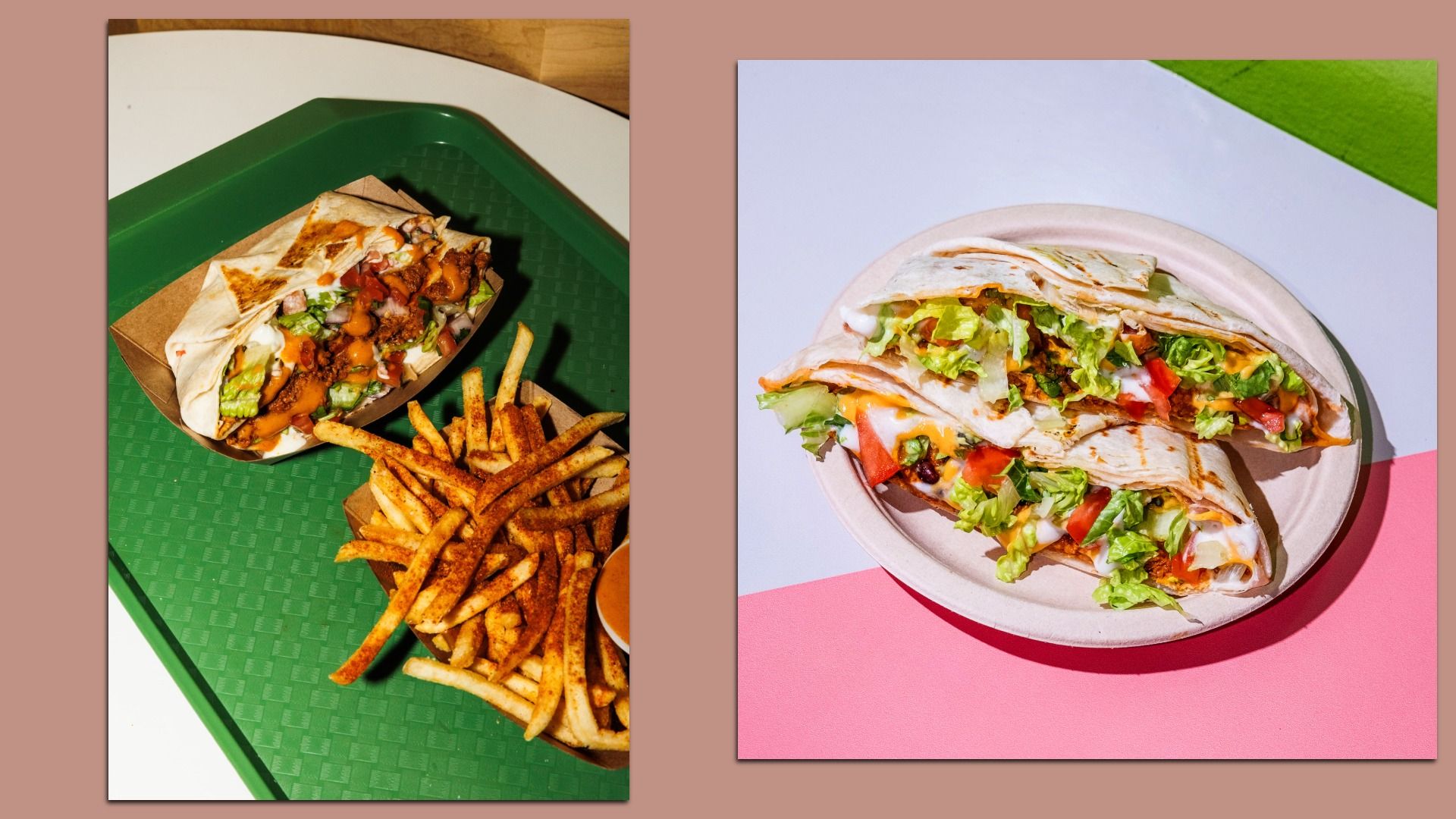 Two photos of a crunchwrap cut down the middle