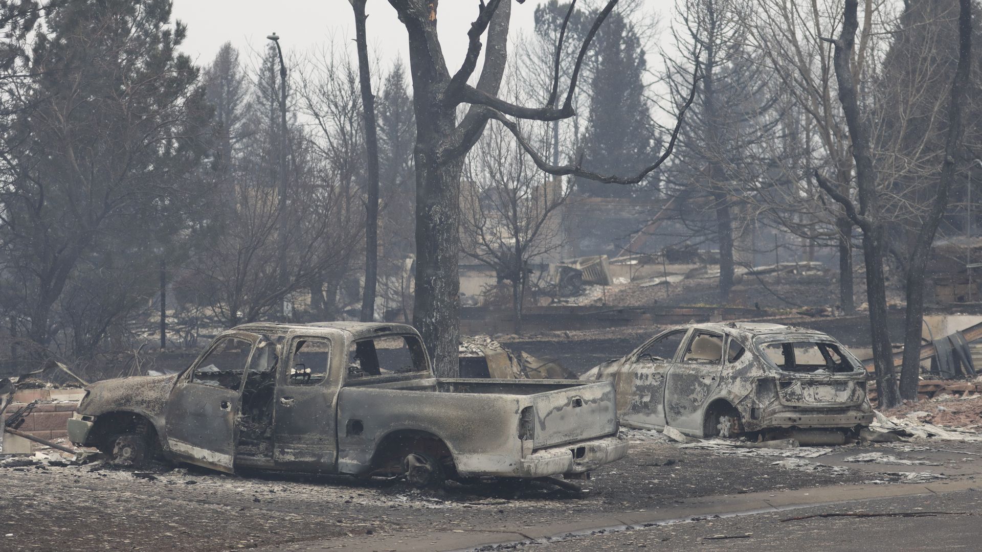 Burnt out vehicles sit amidst the remains of a Louisville neighborhood in the aftermath of the Marshall Fire. Photo: Marc Piscotty/Getty Images