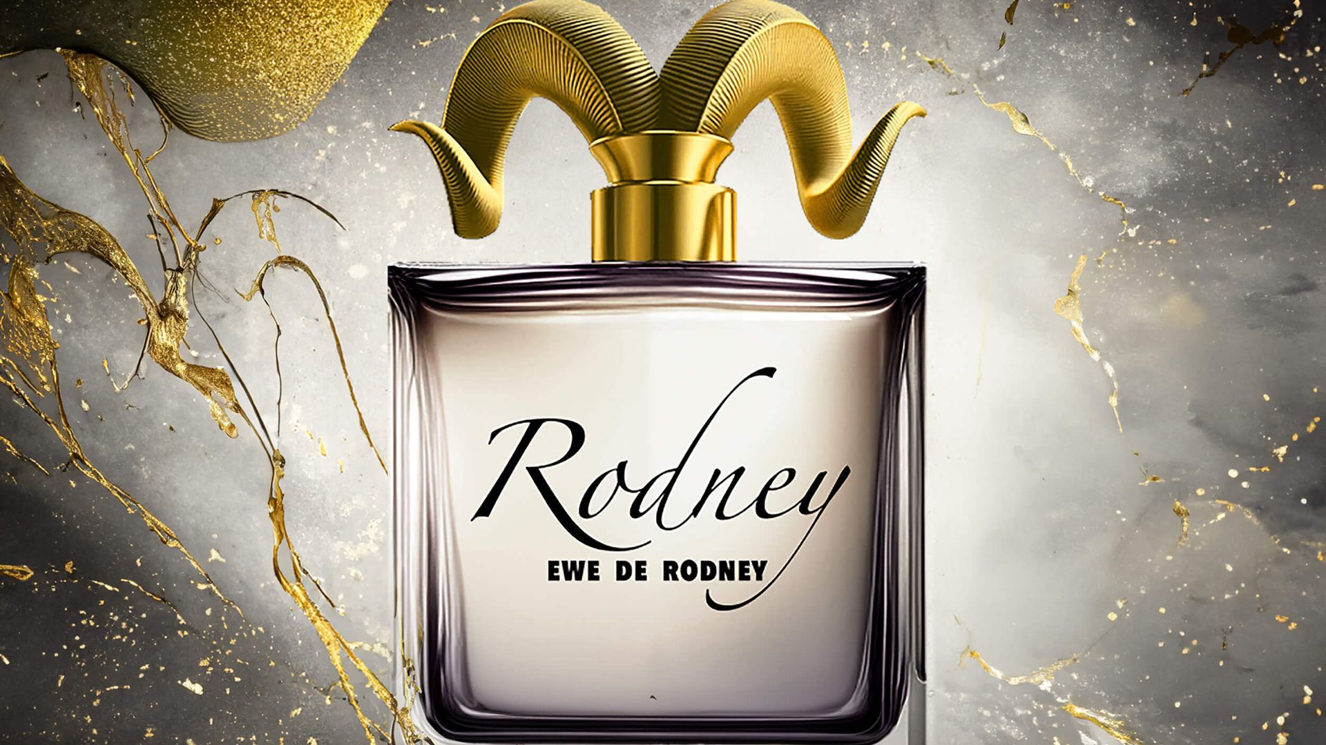 A bottle of perfume with ram horns on it called Rodney, Ewe de Rodney 
