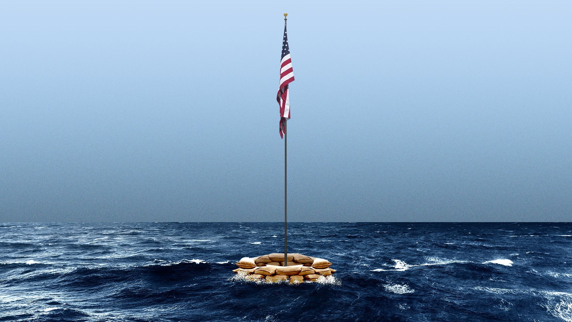 Illustration of an American flag on a flagpole surrounded by sandbags in the middle of a rough ocean with the water about to spill over the sandbags