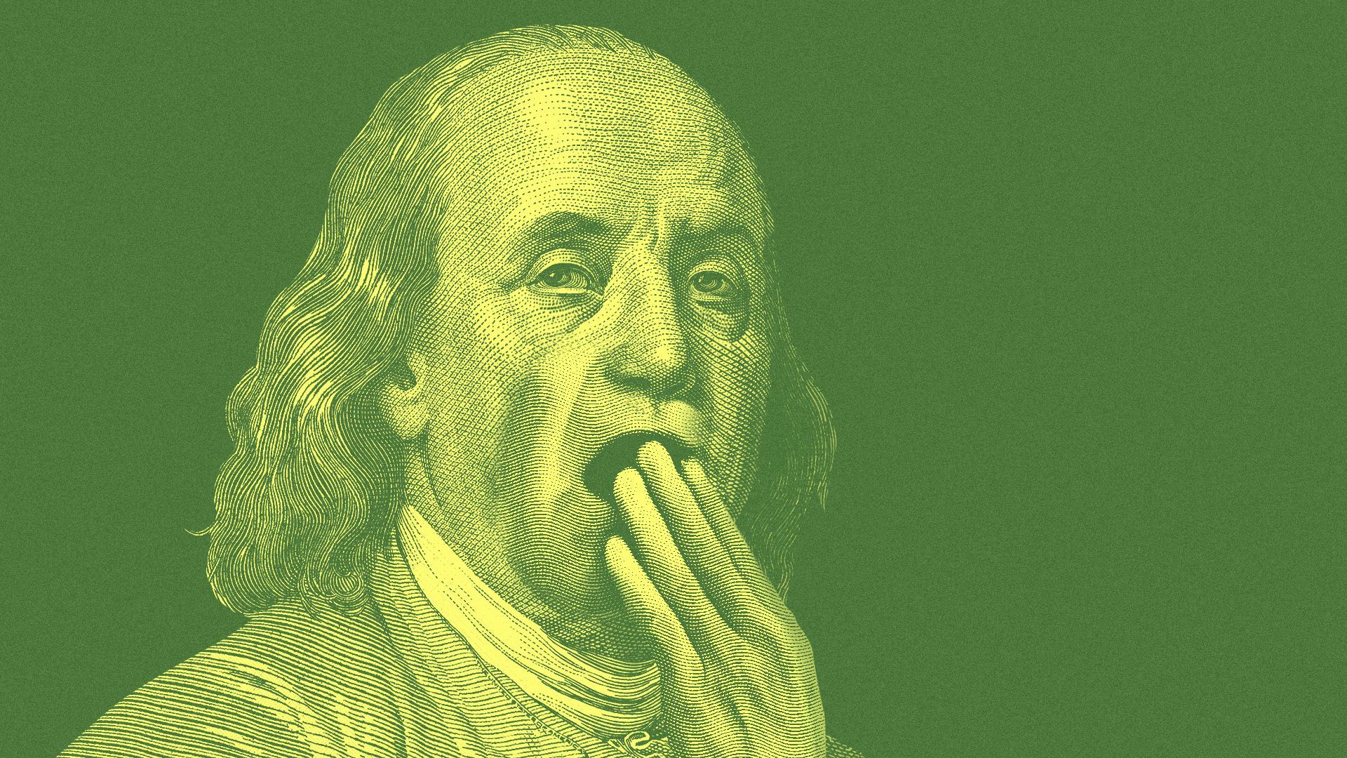 Illustration of Benjamin Franklin stifling a yawn. 