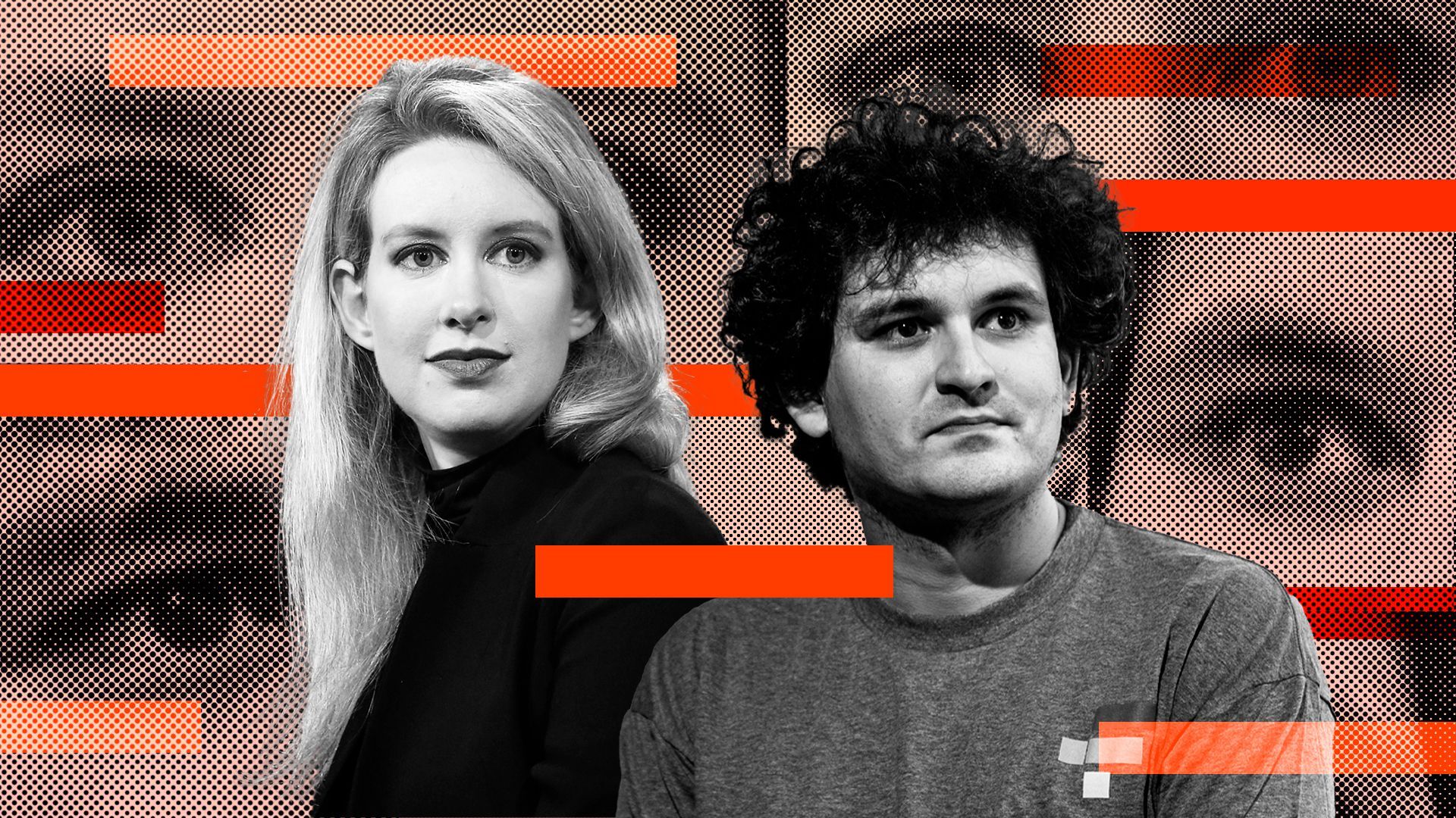 Photo Illustration of Elizabeth Holmes and Sam Bankman-Fried with eyes and rectangles behind them