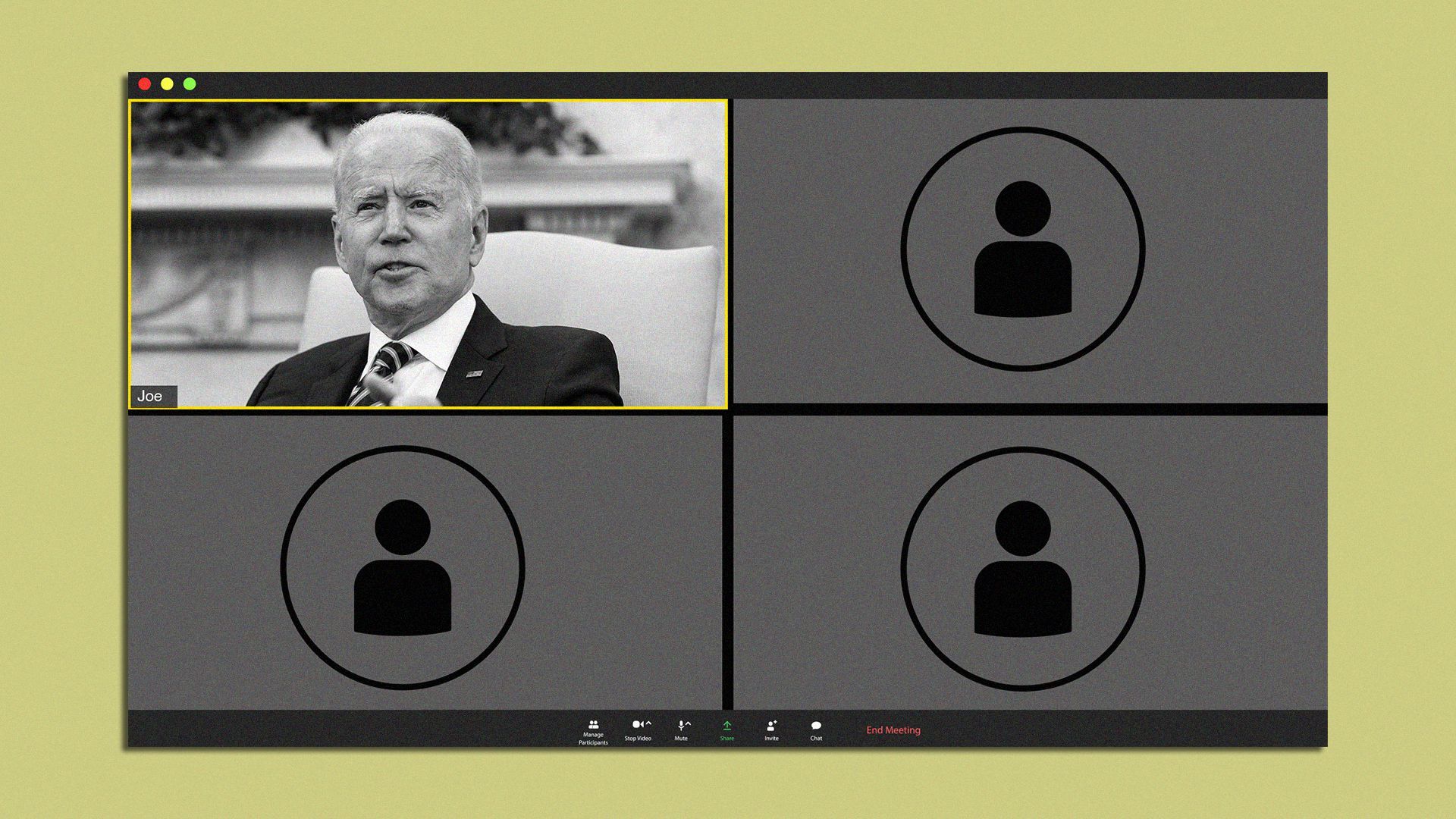 Photo illustration of President Biden in a Zoom room with anonymous participants.