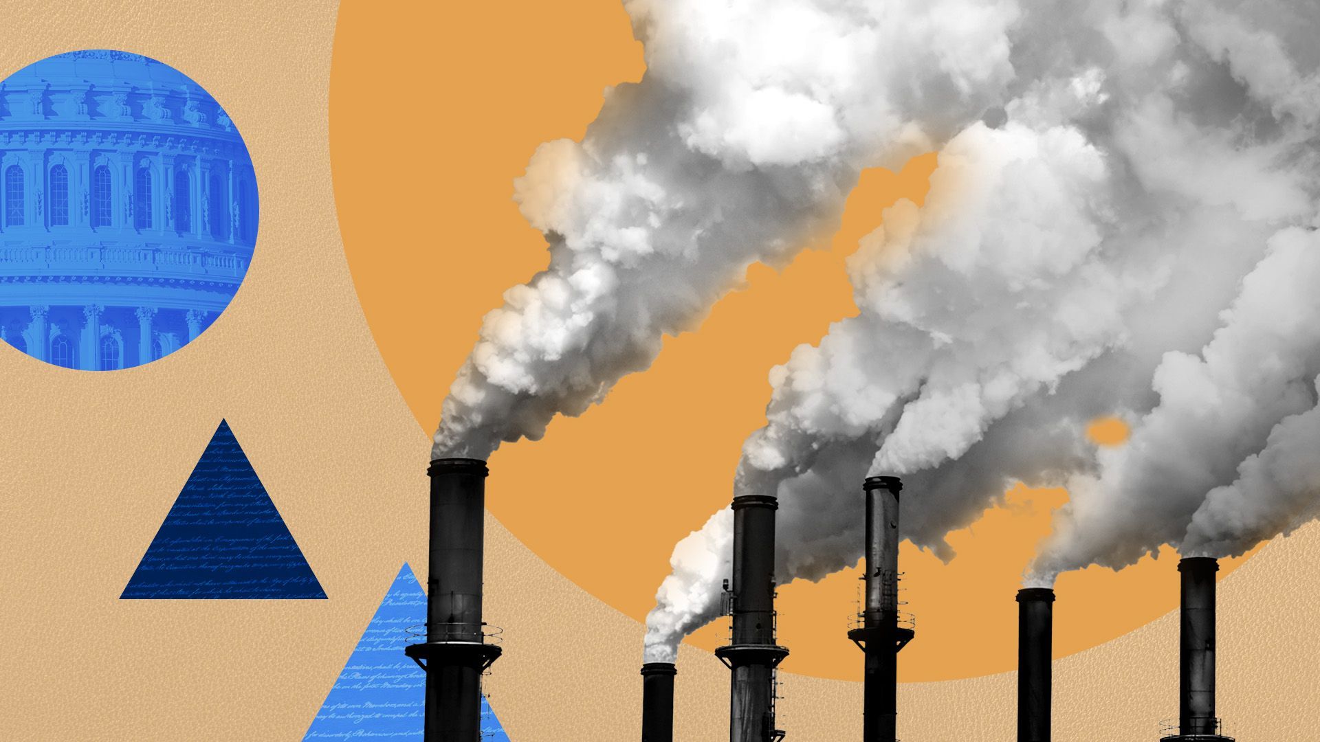 illustration of smokestacks surrounded by legal symbols and circles