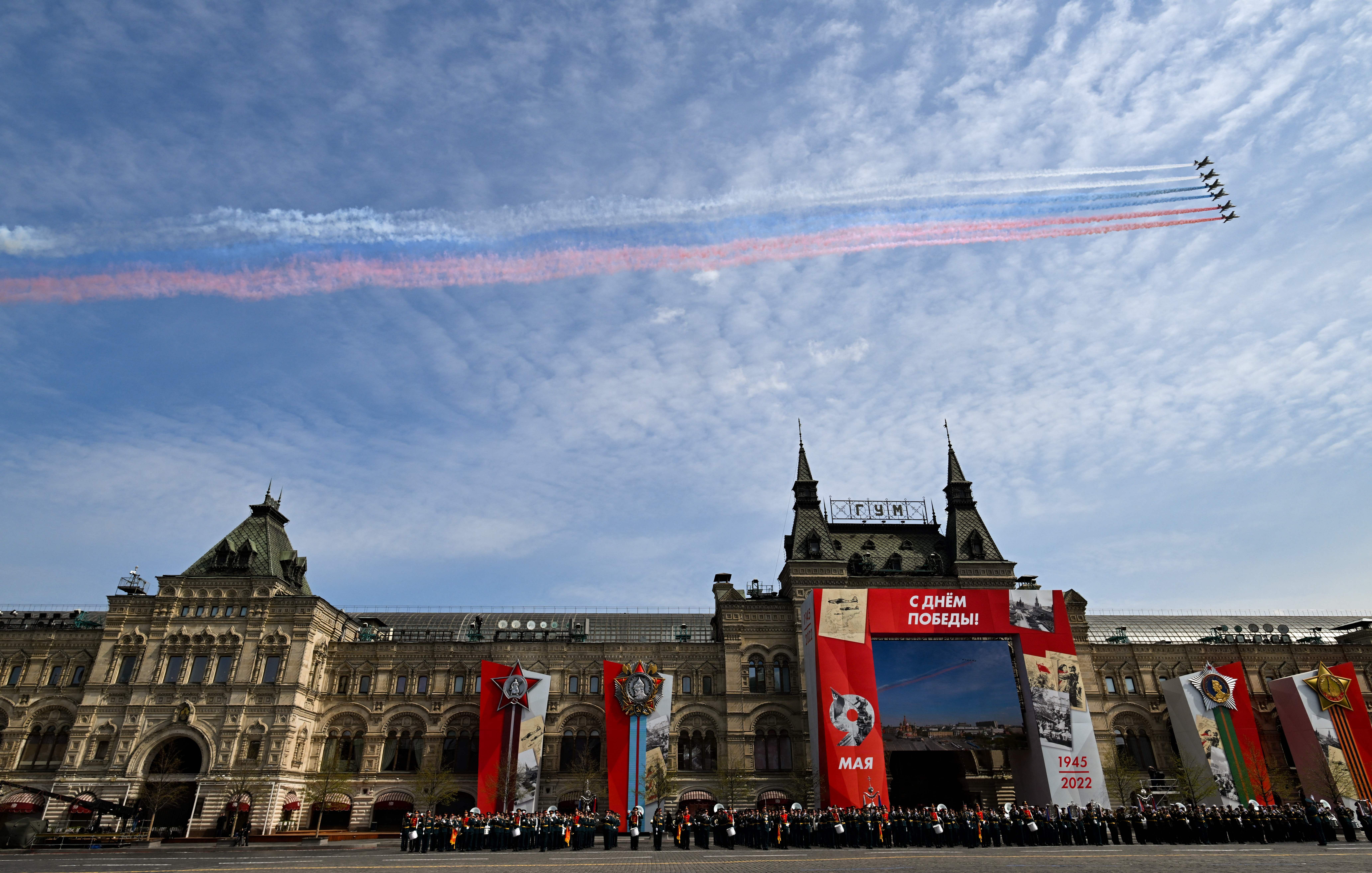  Russian  jets flying over Red Square during the general rehearsal of the Victory Day military parade in central Moscow on May 7.