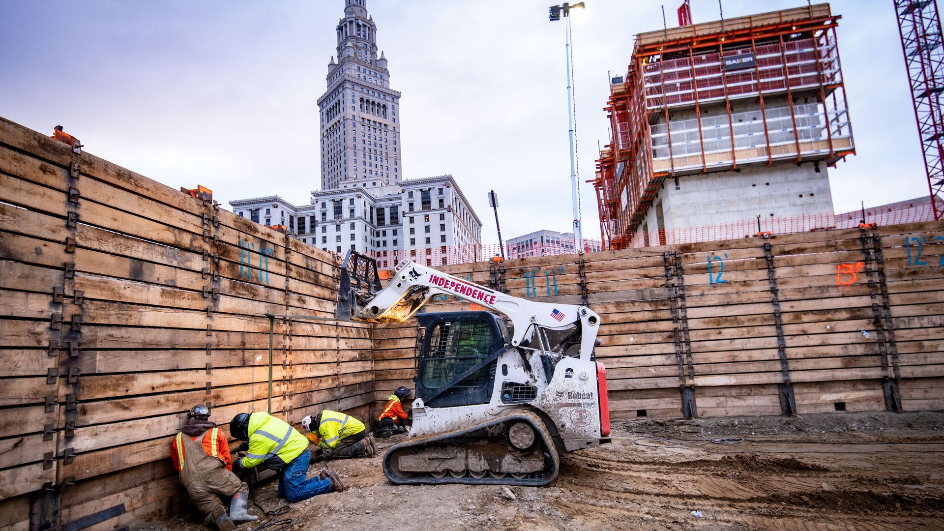 Construction site for new Sherwin Williams headquarters in downtown Cleveland, with Terminal Tower in the background