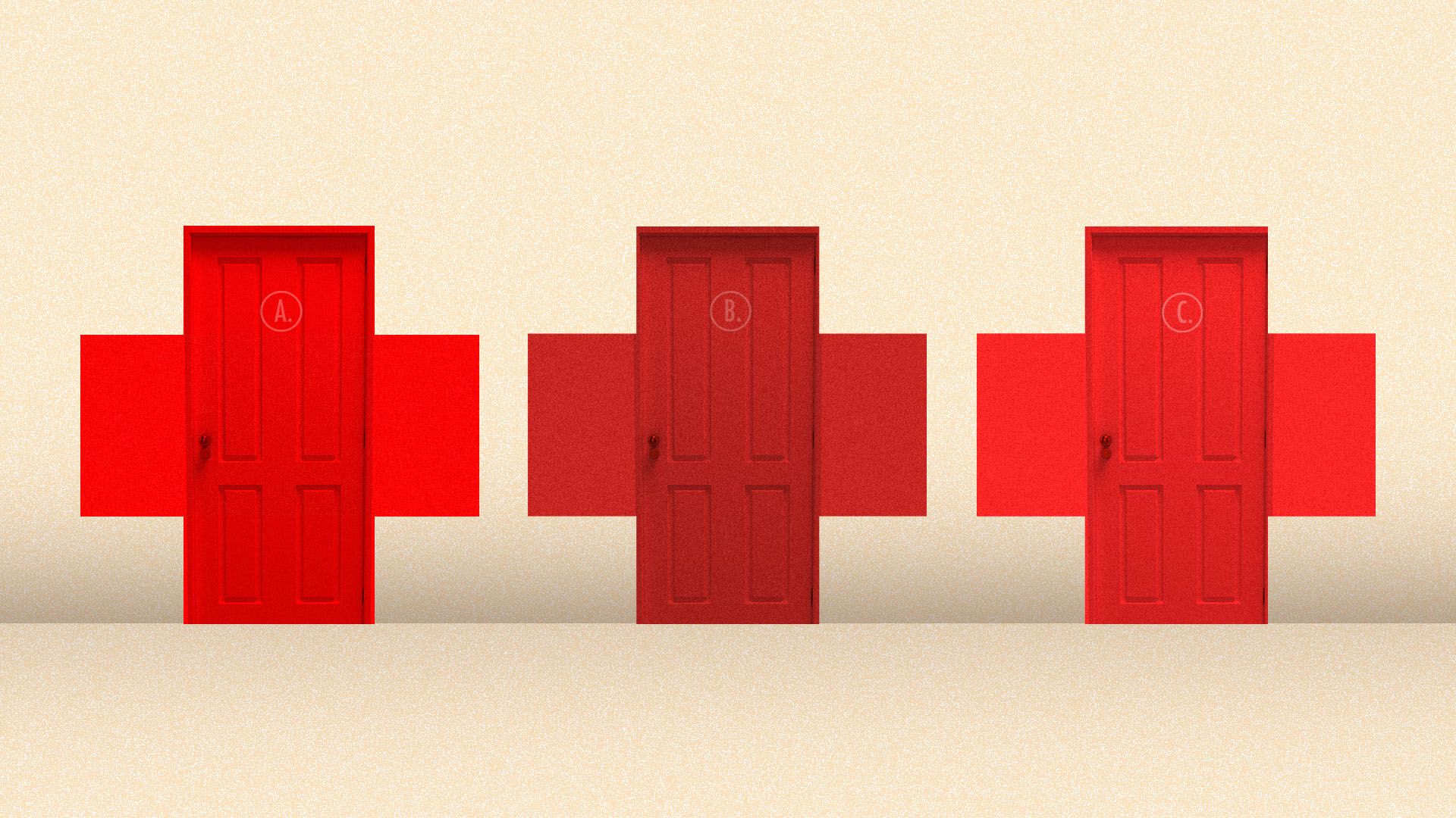 Illustration of three doors shaped like red crosses, labeled A, B, and C