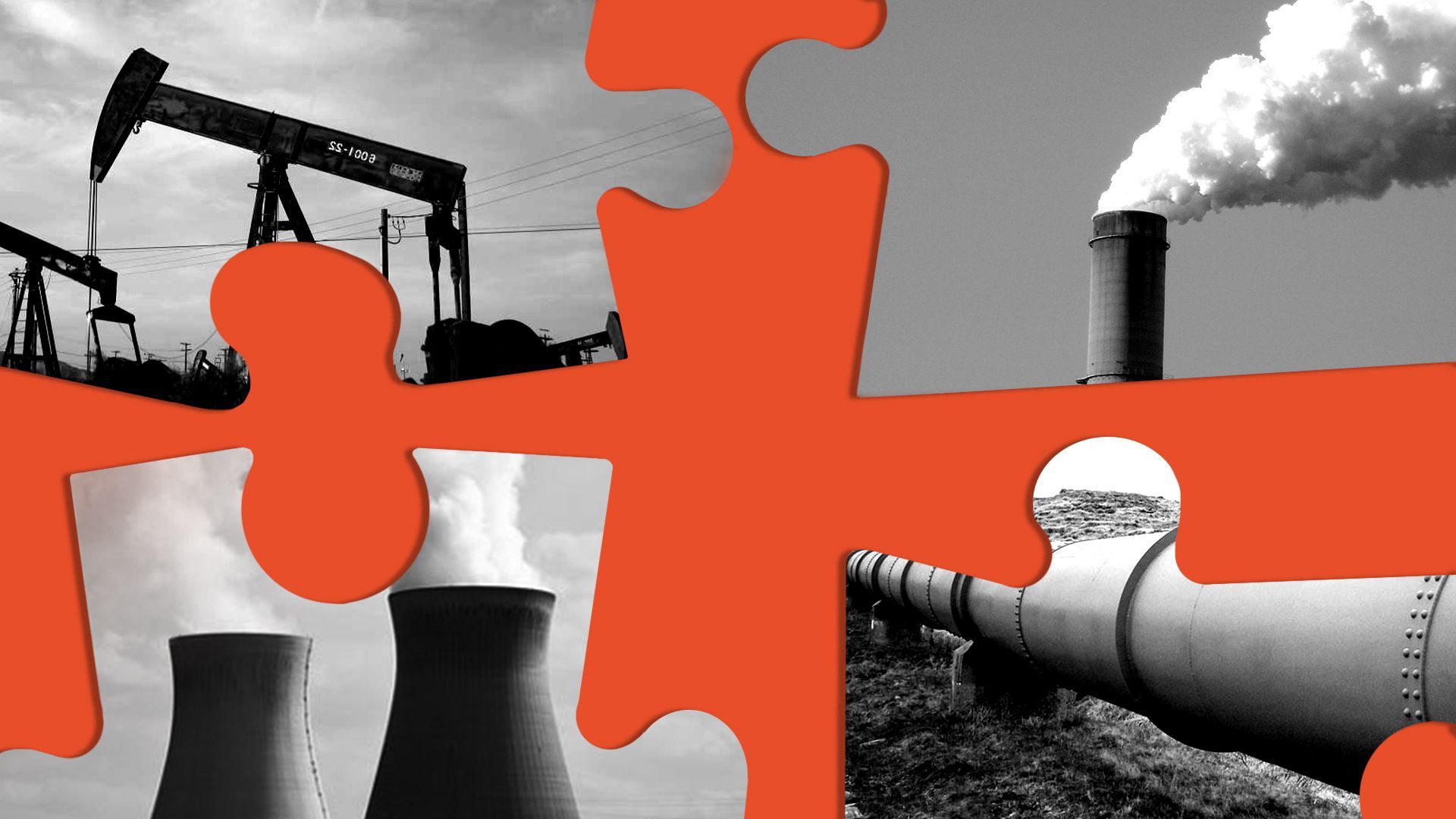 In this illustration, a puzzle piece with a nuclear reactor, a puzzle piece with oil fields, and other energy puzzle pieces are scattered on a red background.