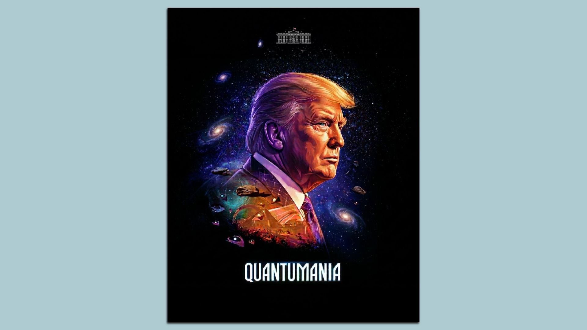 Colorful space poster showing a stylized side profile of a man with orange hair against a dark, starry background; galaxies and ships swirl around; a small white building icon sits above; the title "QUANTUMMANIA" at the bottom.