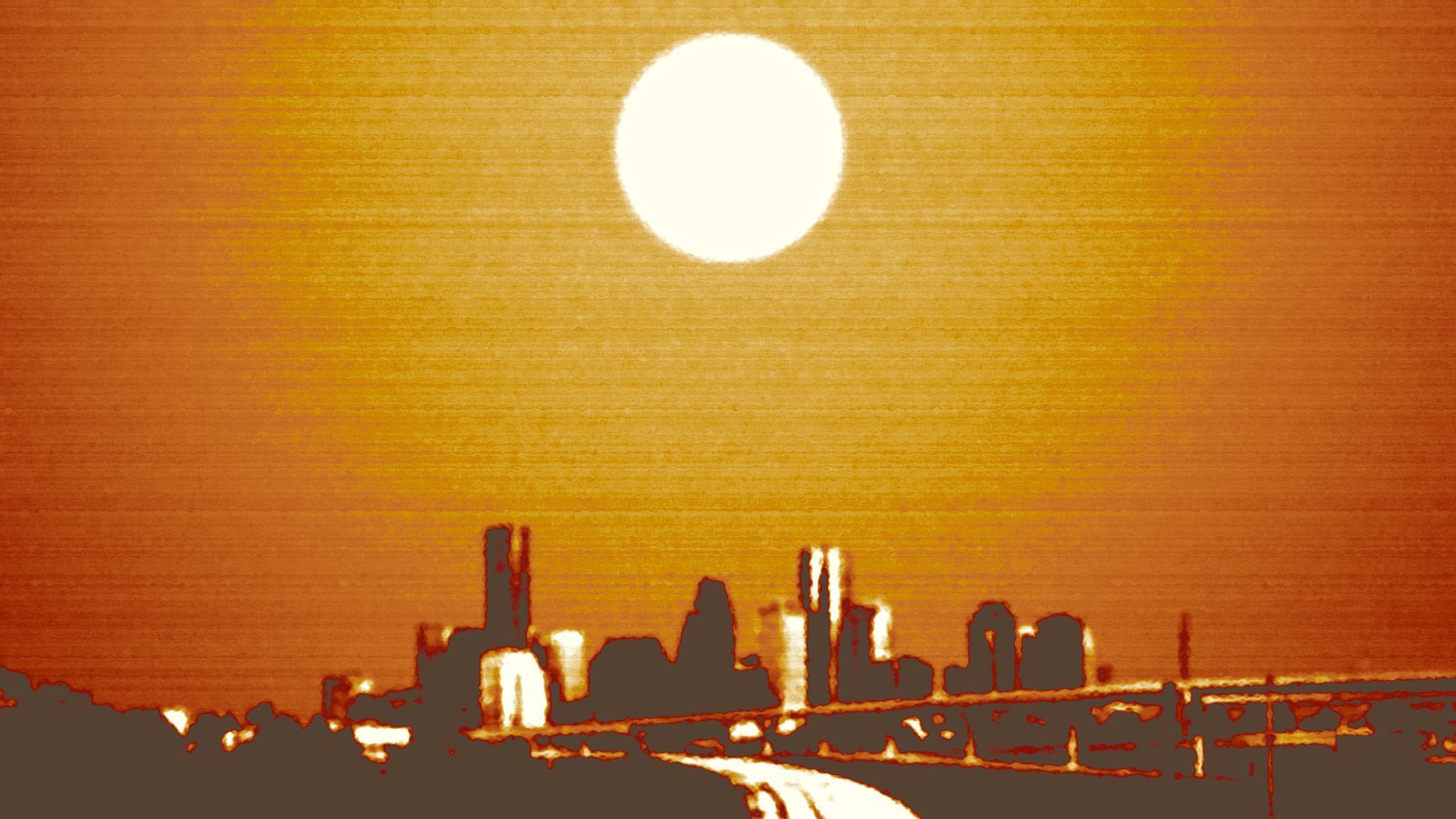 Illustration of the Houston skyline under a hot sun.