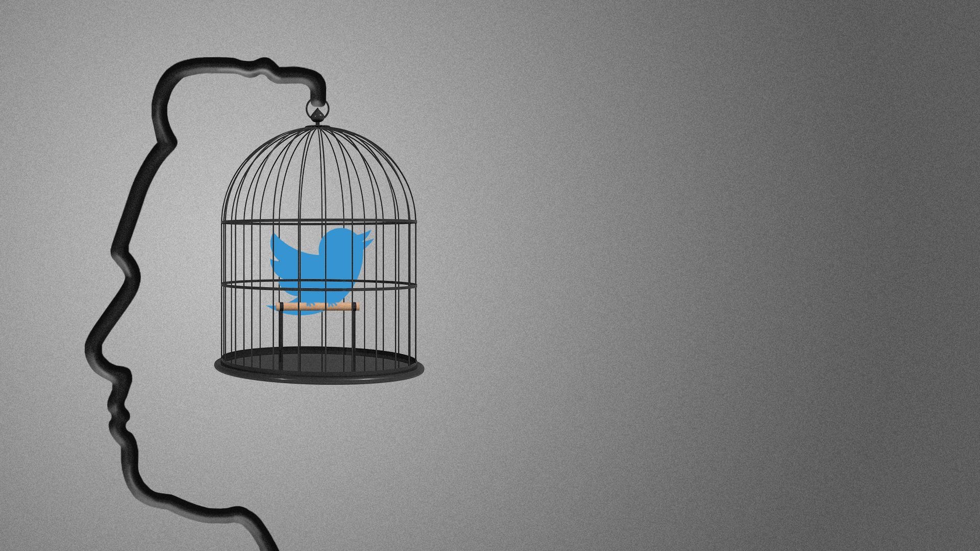 Illustration of a bird cage with the Twitter logo inside being held up by a cage carrier in the shape of Elon Musk's face.