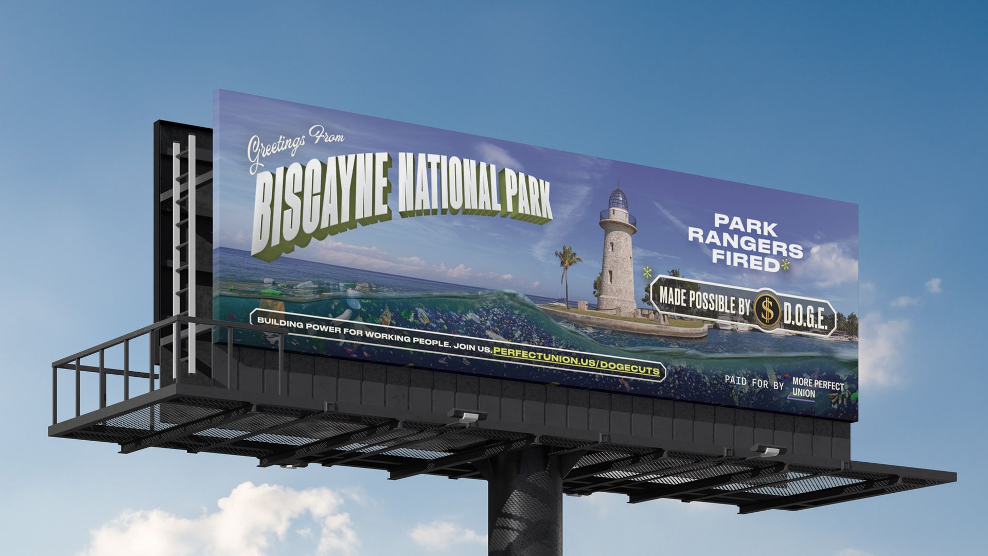 A billboard highlighting cuts at Biscayne National Park.