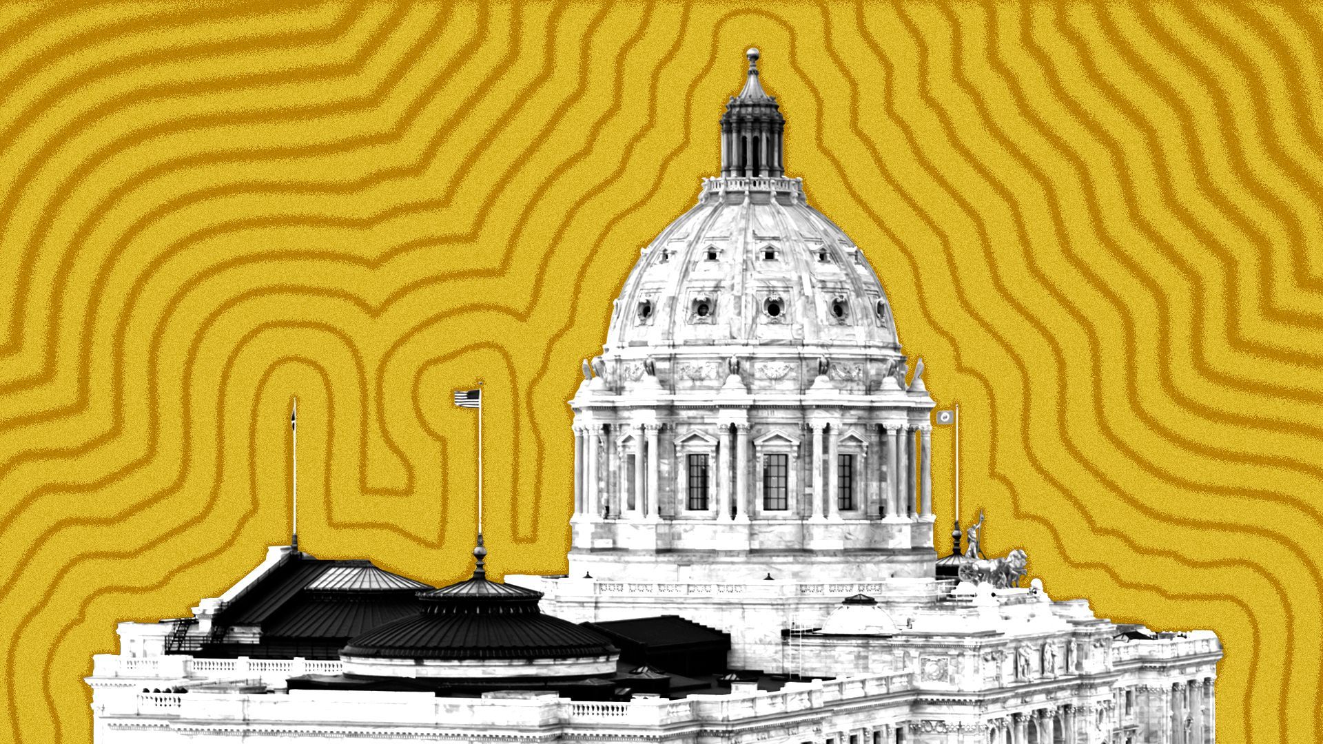 Illustration of the Minnesota State Capitol with lines radiating from it. 