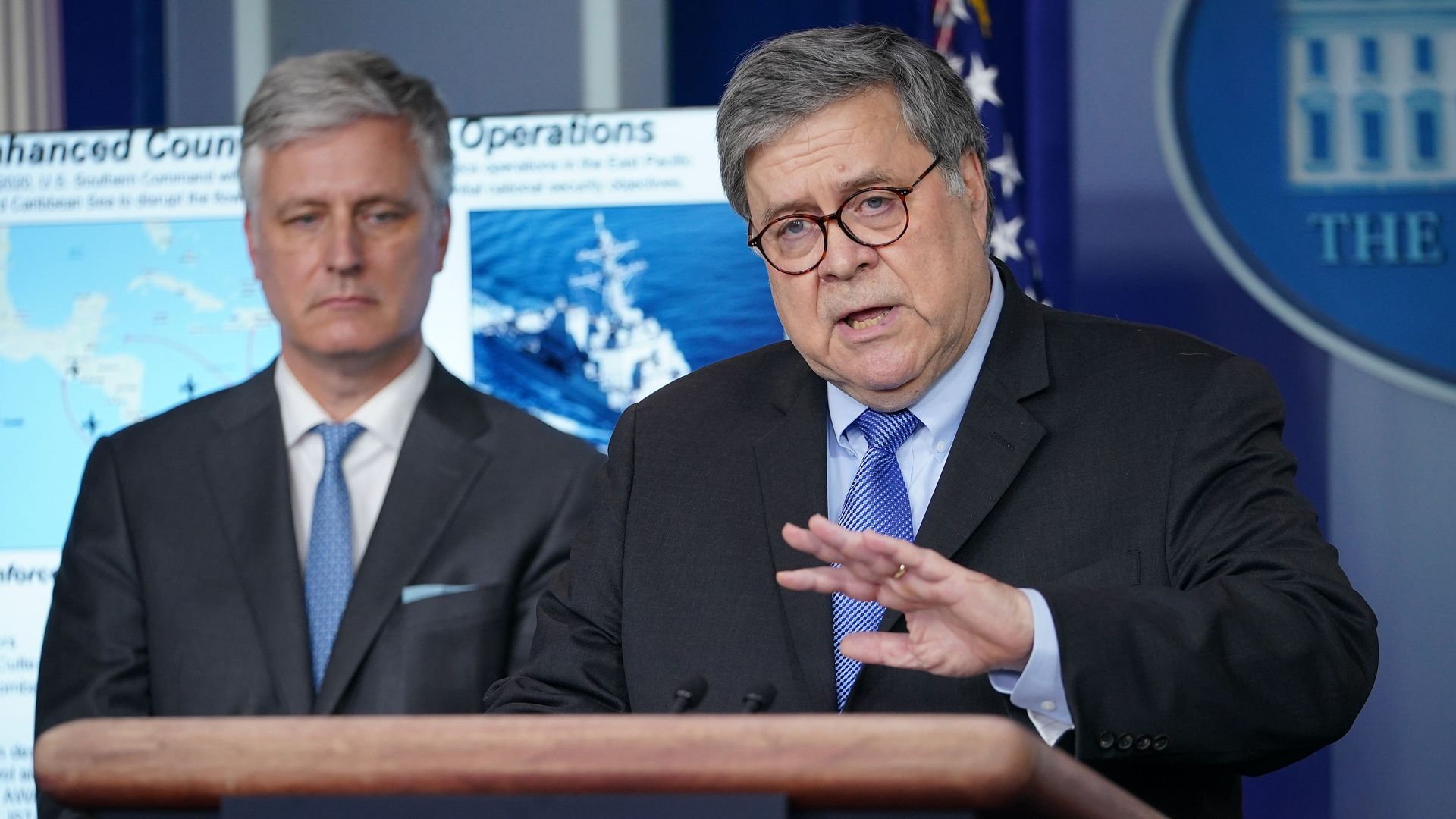 Attorney General Bill Barr speaking in the White House briefing room