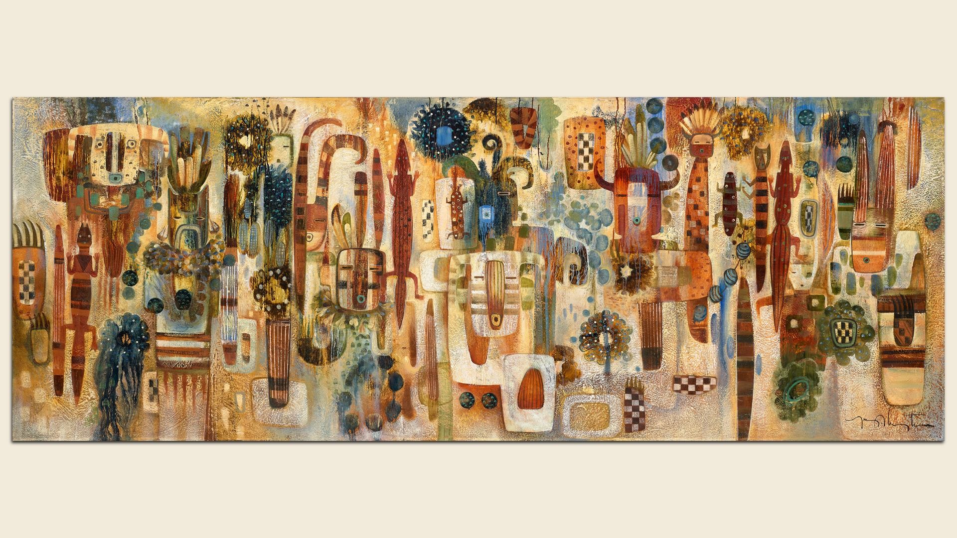 Wide abstract painting of tall, whimsical totem-like shapes in warm oranges, browns, greens, and blues; a textured collage of geometric patterns, circles, and plant motifs fills the canvas.