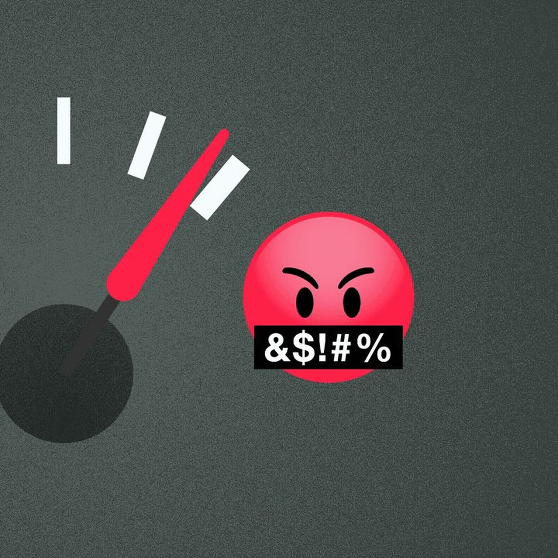 Illustration of a car gas gauge, with a neutral emoji on the left and a swearing emoji on the right, and the needle reaching the swearing side.